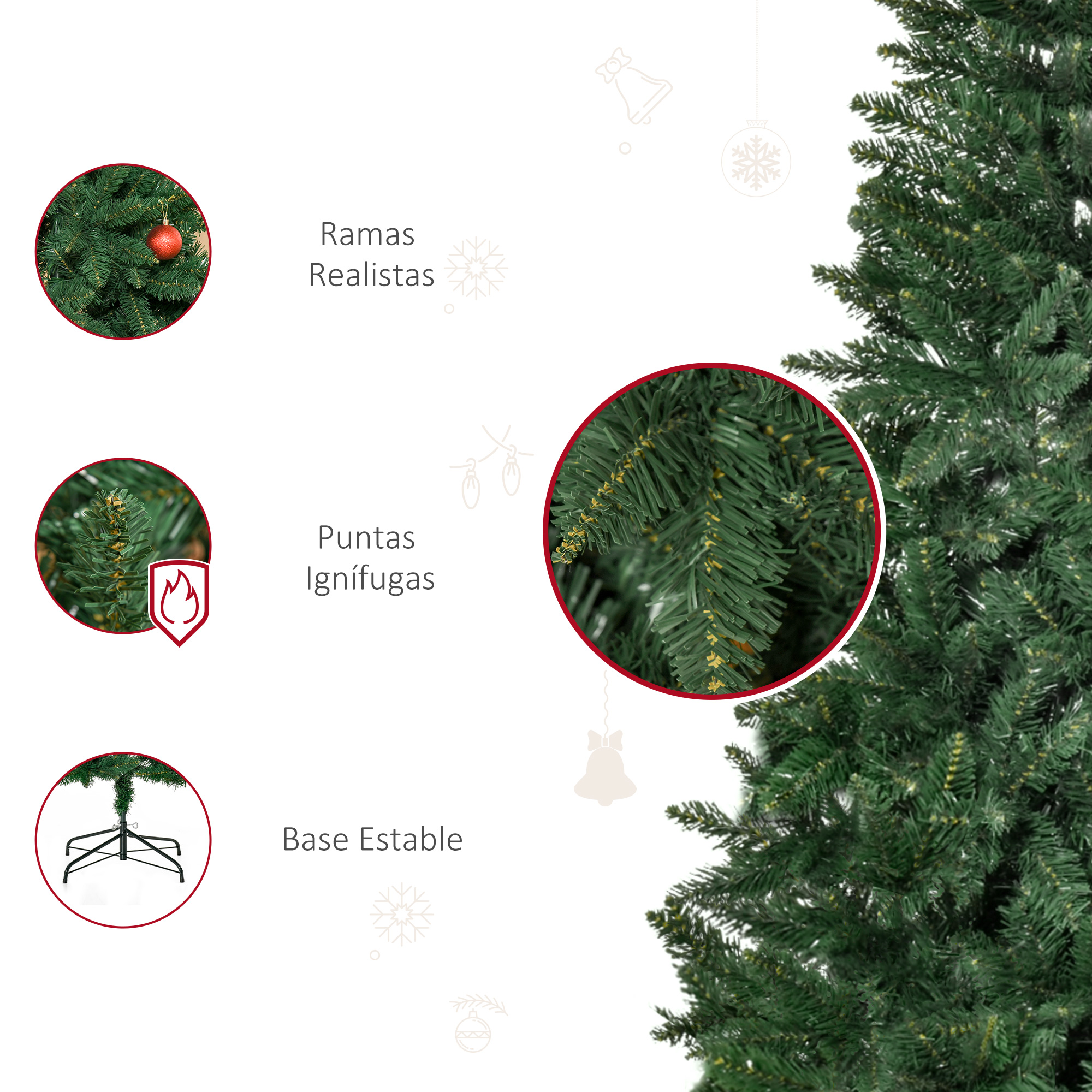 Primer plano de un árbol de Navidad artificial verde con: ramas realistas, puntas ignífugas, base estable.