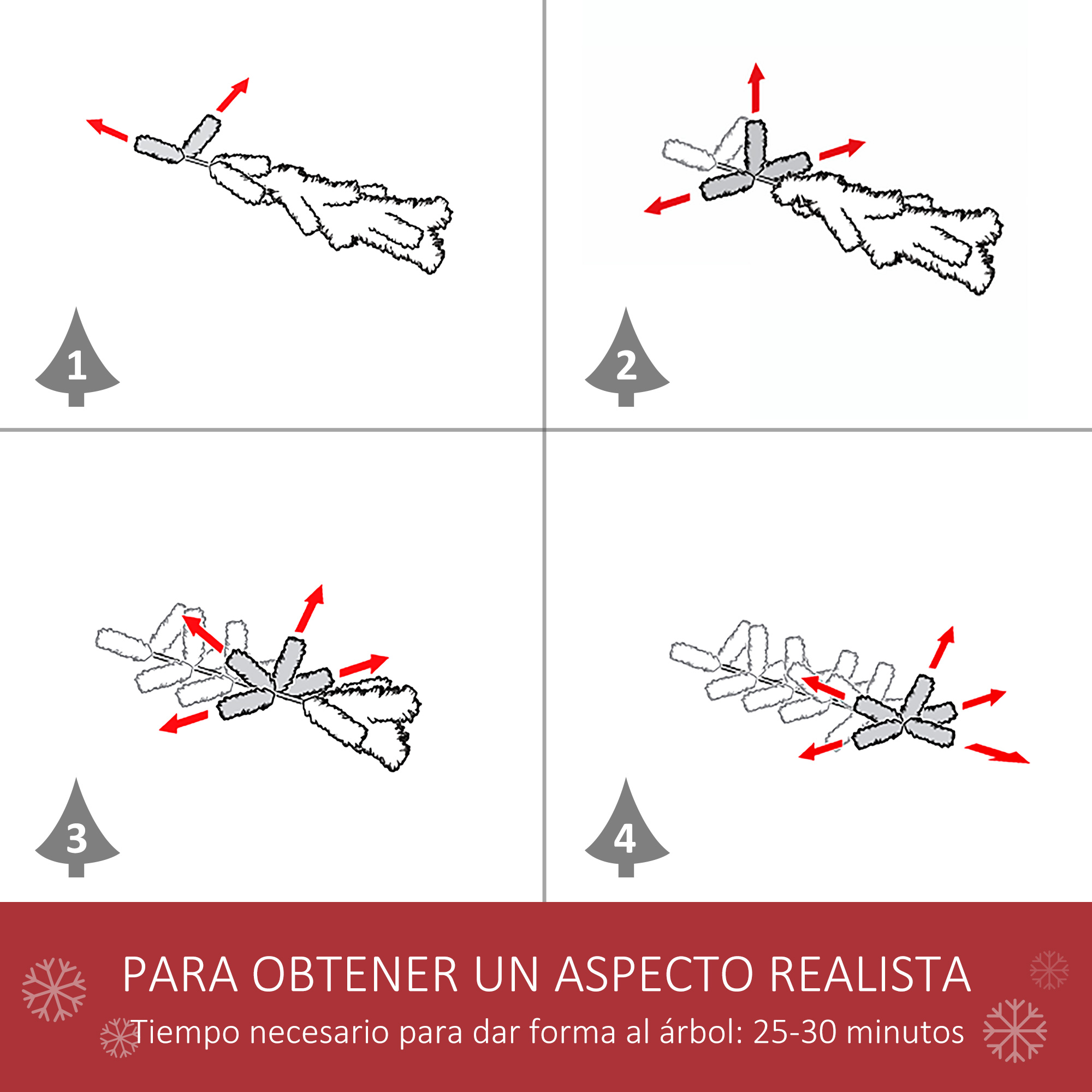 Cuatro diagramas muestran cómo abrir las ramas de un árbol de Navidad. Flechas rojas demuestran la acción.