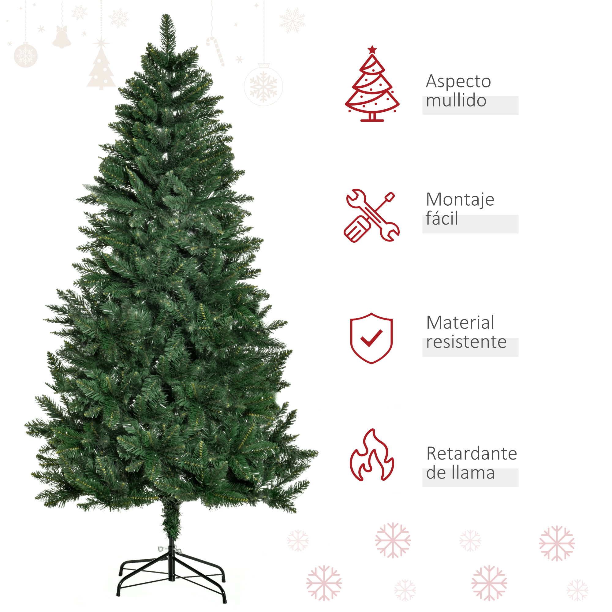 Árbol de Navidad verde. Cuatro iconos muestran detalles: aspecto esponjoso, fácil montaje, resistente, ignífugo.