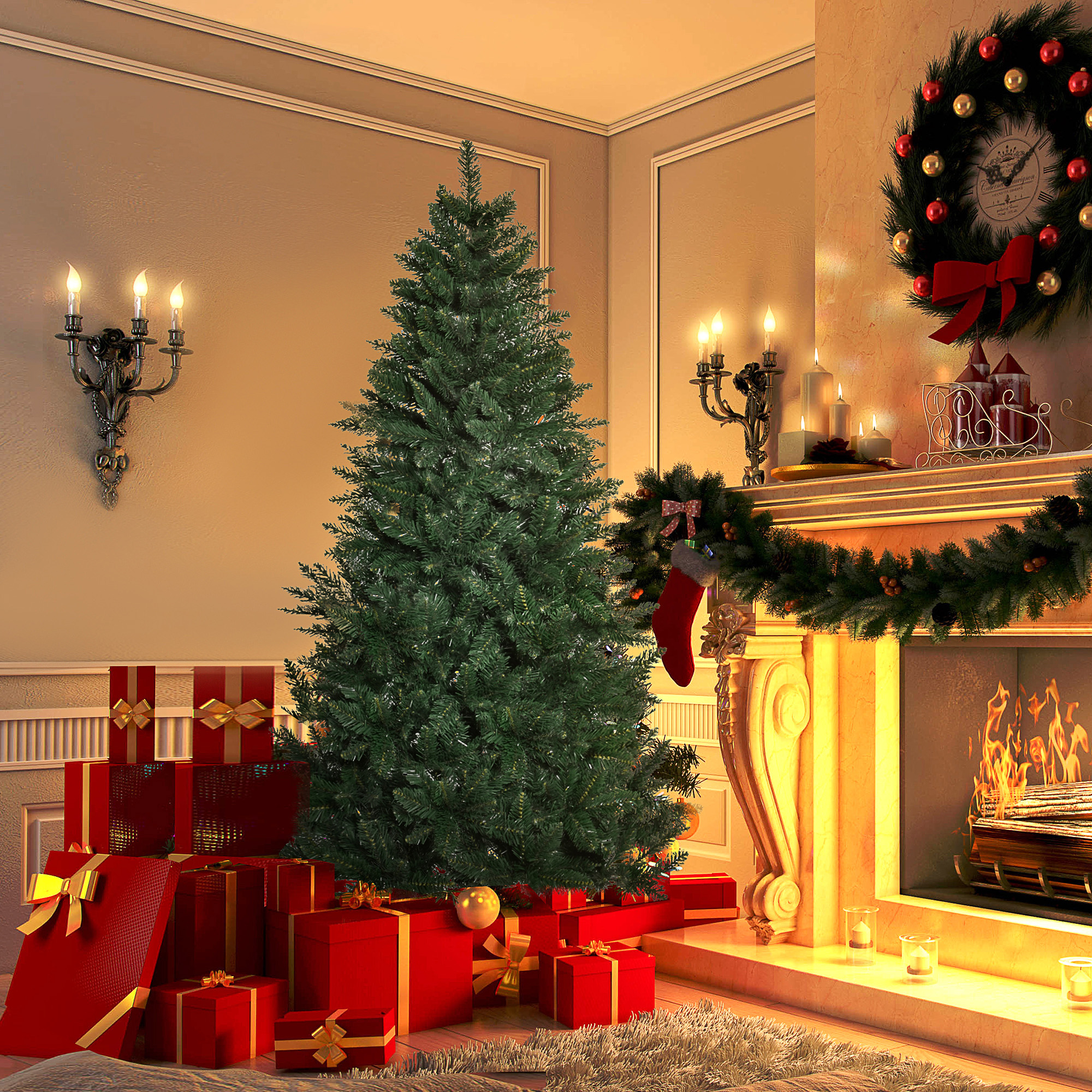 Una escena navideña decorada con árbol, chimenea, regalos, velas y una corona.