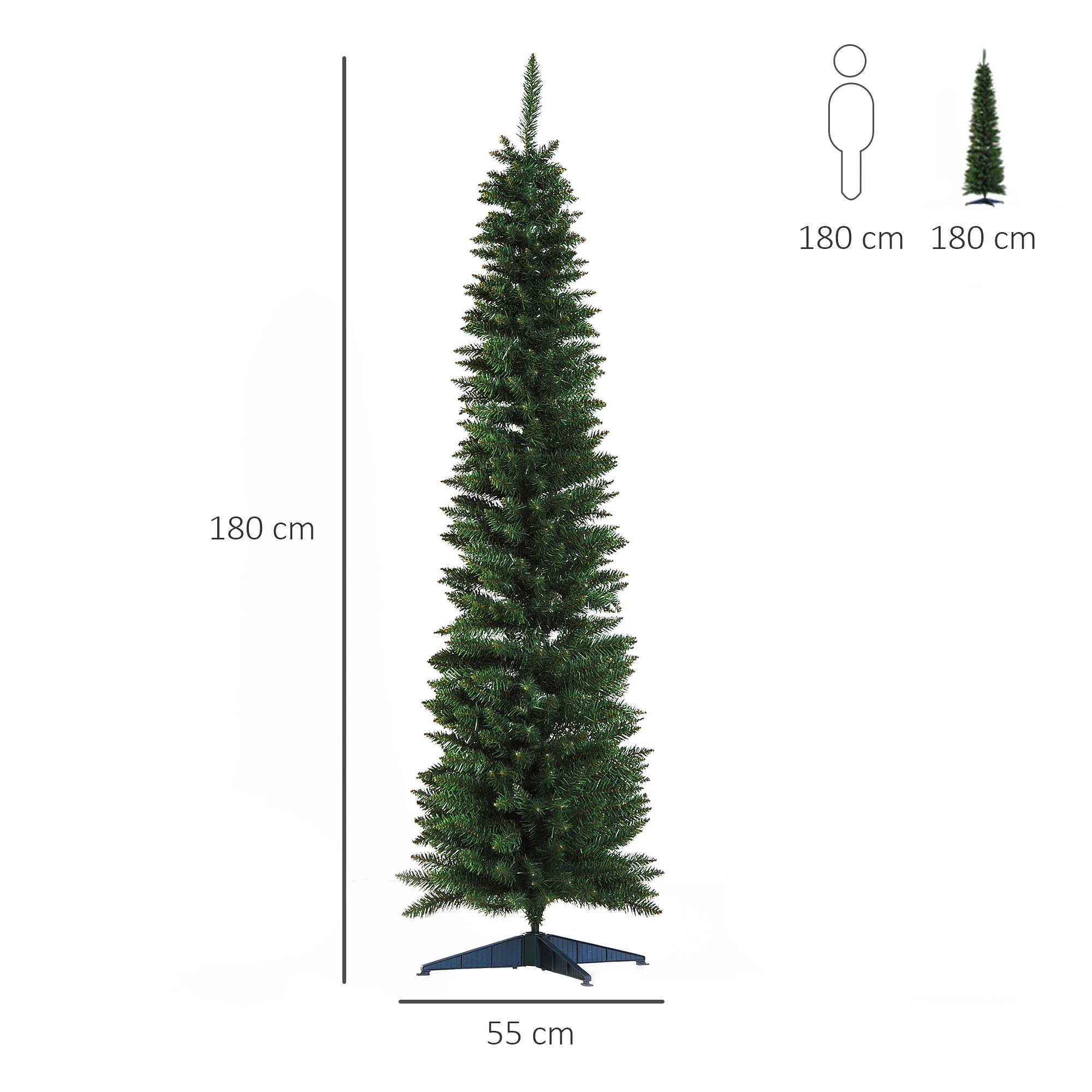 Un árbol de Navidad verde con medidas y una silueta de una persona. Fondo blanco.