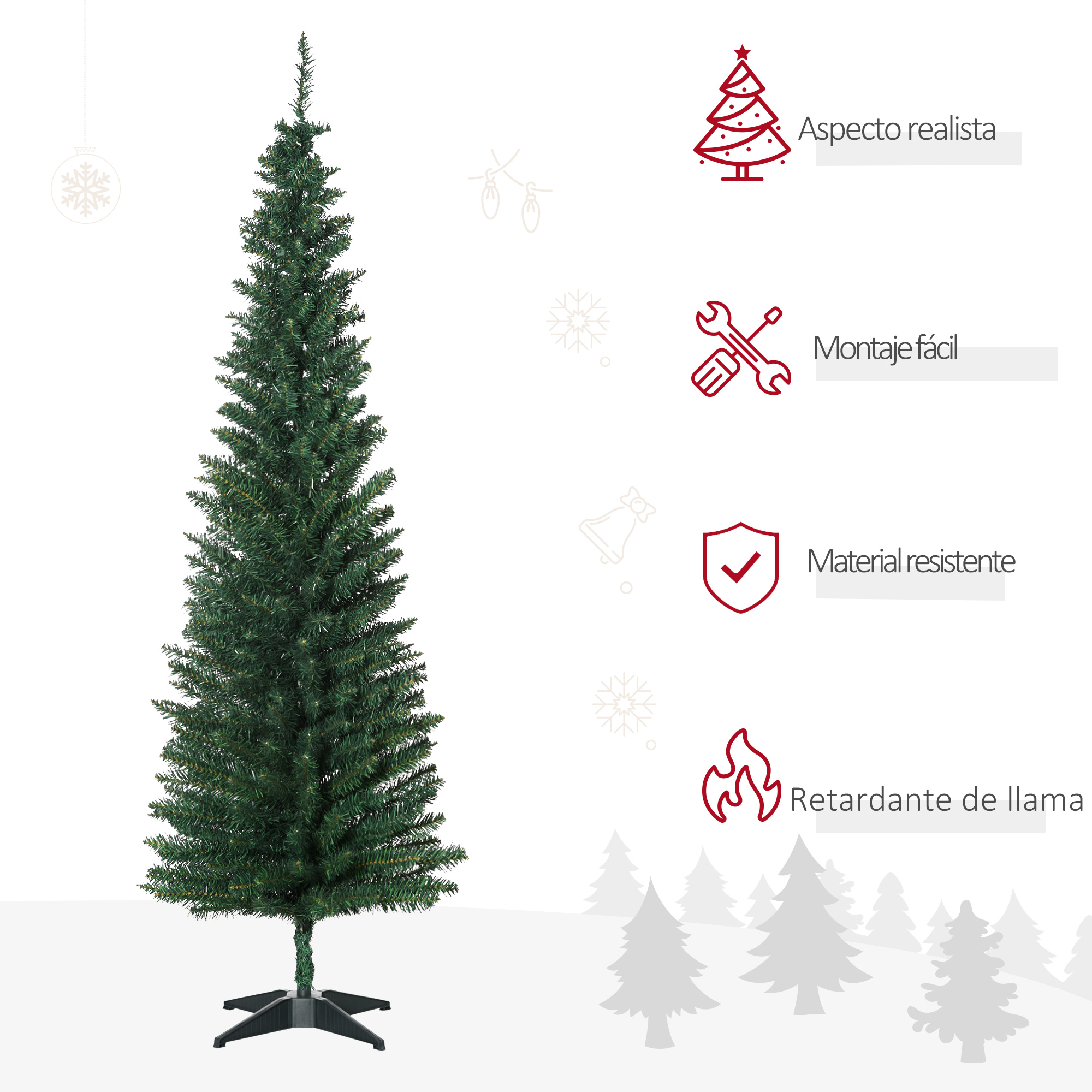 Un árbol de Navidad verde y delgado con una base negra e iconos que muestran las características.