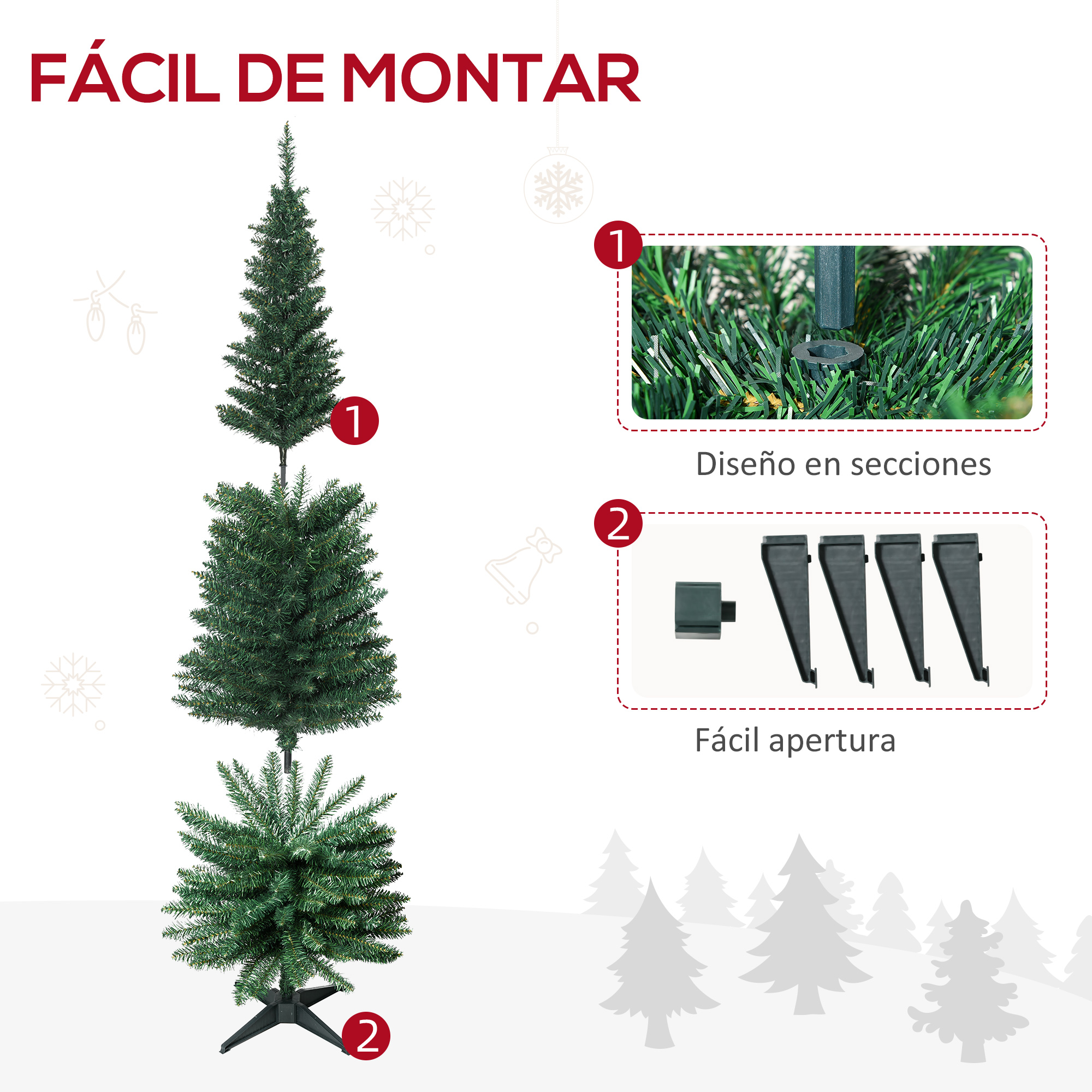 Diagrama de montaje de un árbol de Navidad: secciones, fácil apertura y base del árbol.