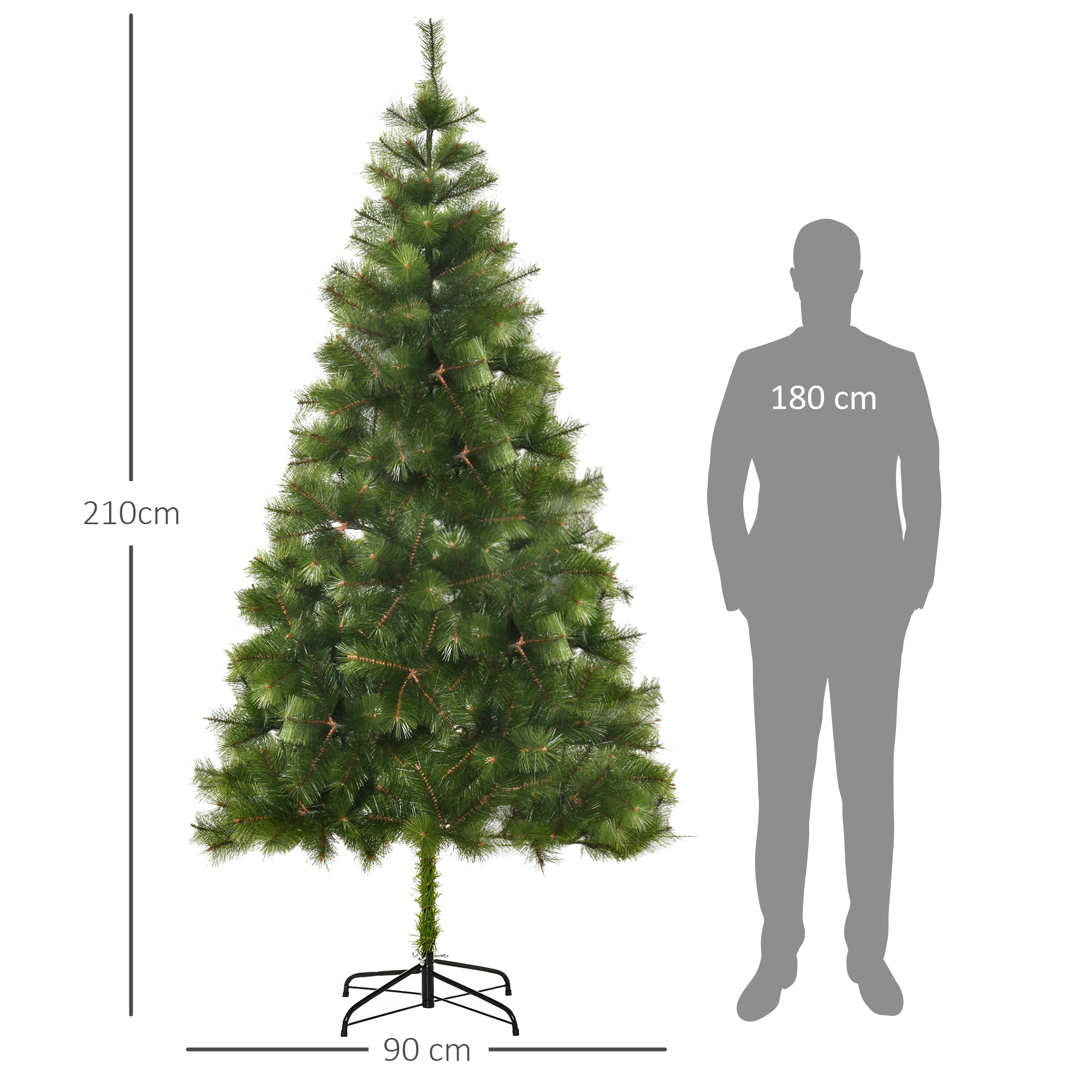 Un árbol de Navidad verde alto, de 210 cm de altura y 90 cm de ancho, con una silueta de persona.