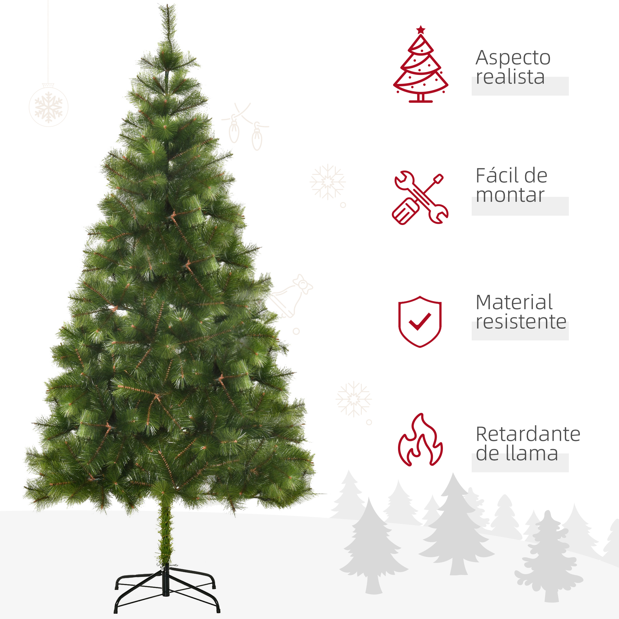 Árbol de Navidad verde con texto: aspecto realista, fácil montaje, material resistente, retardante de llama.
