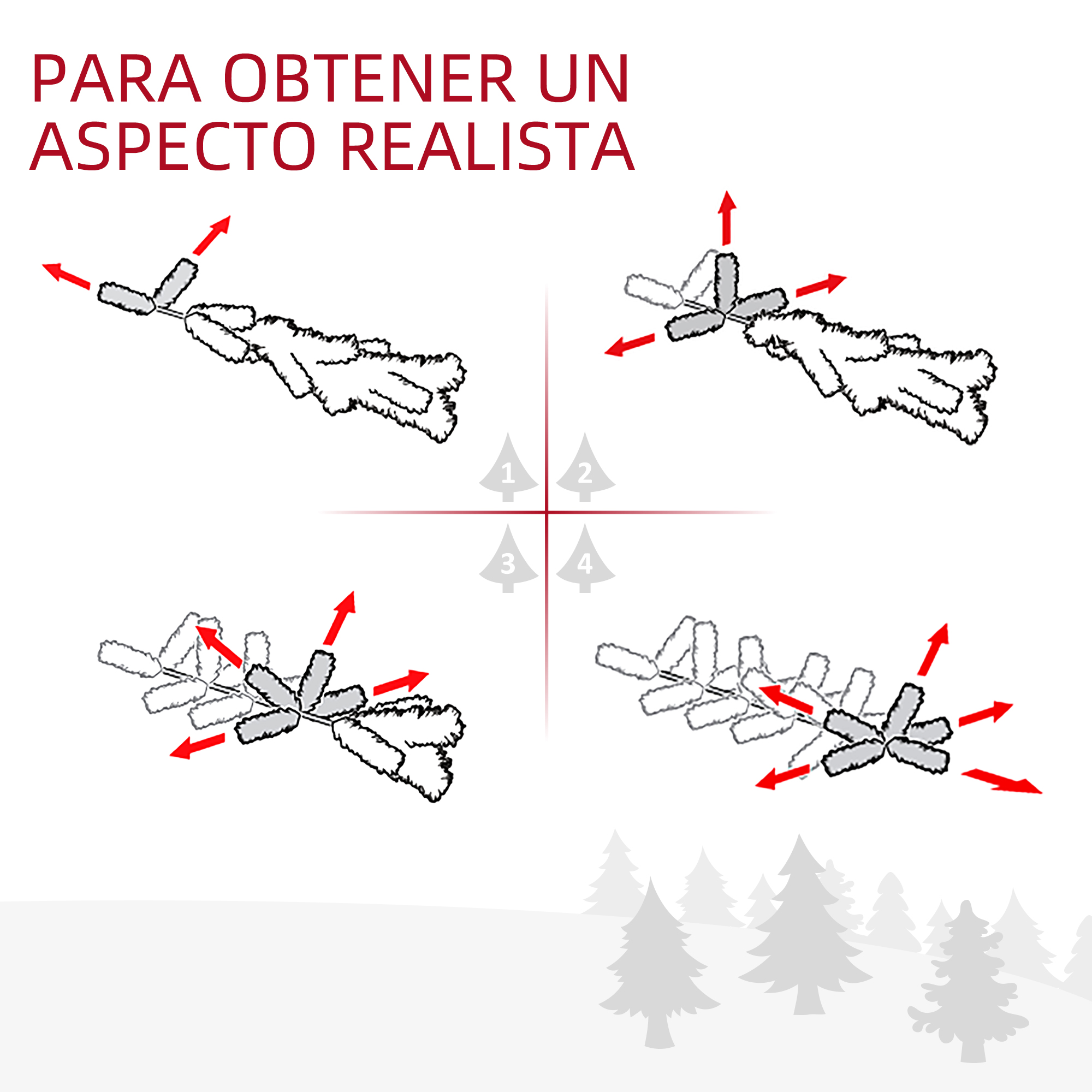 Instrucciones para dar forma a un árbol de Navidad, mostrando ajustes de ramas.
