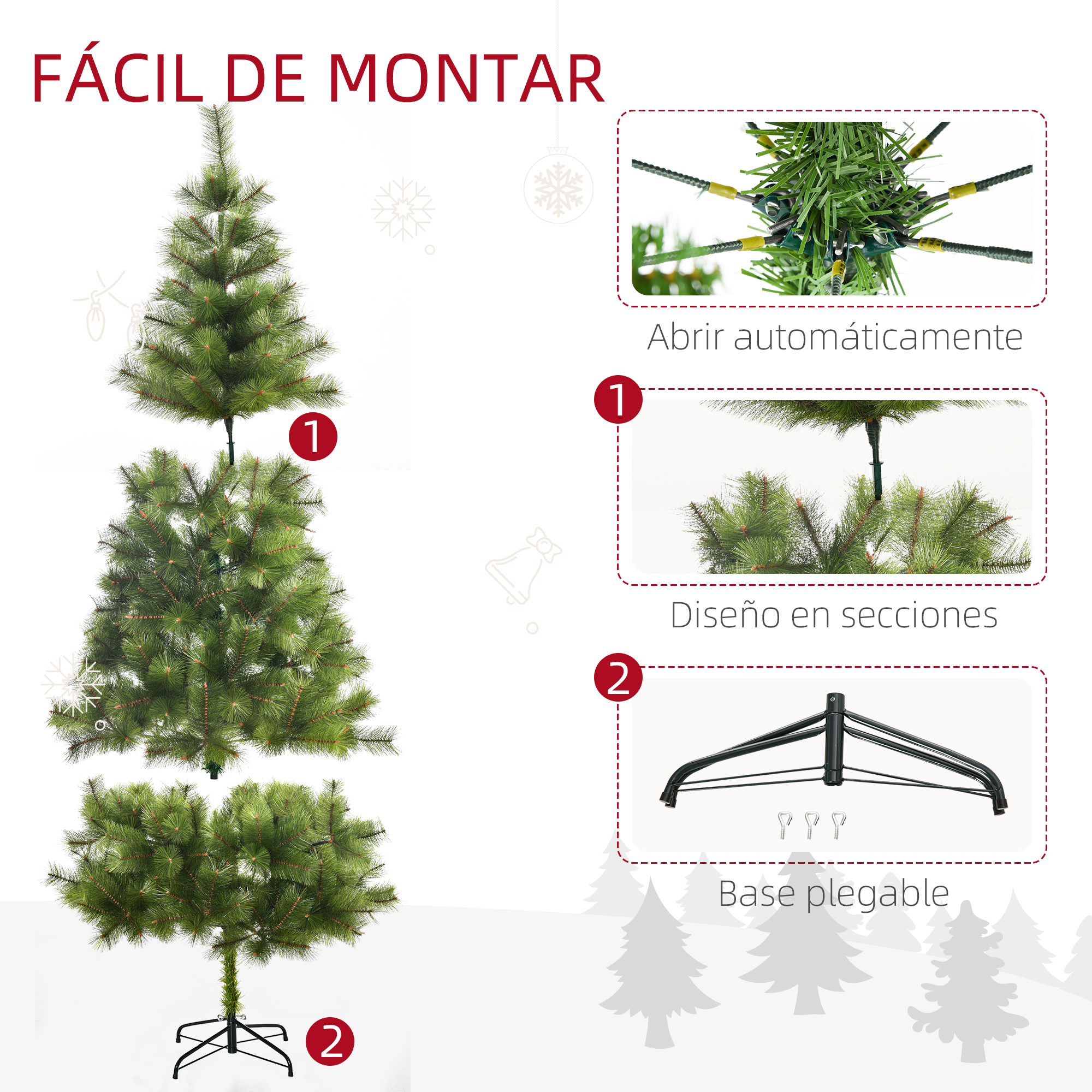Instrucciones de montaje del árbol de Navidad. Secciones del árbol, base y diagramas con texto en español.