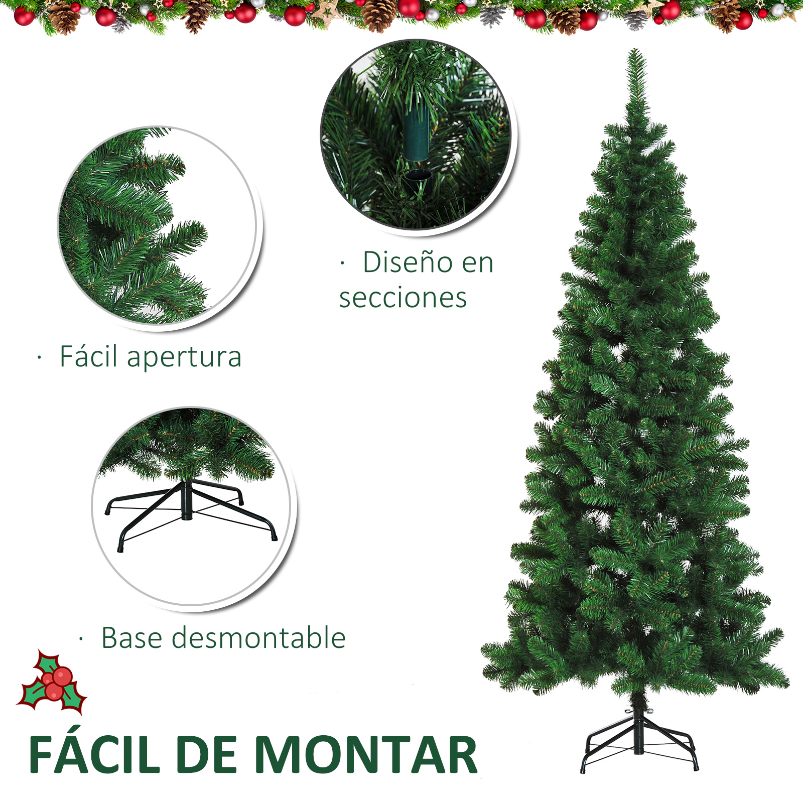 Un árbol de Navidad con apertura fácil, diseño seccional y base desmontable para montaje.