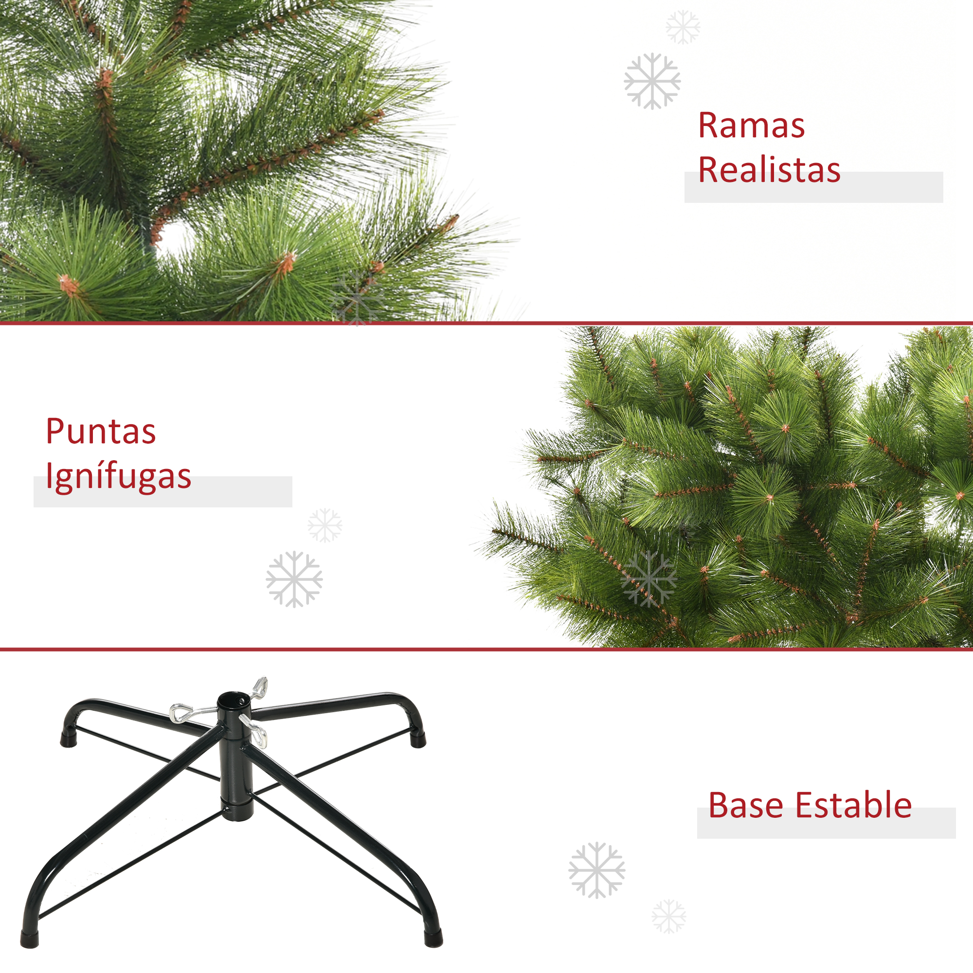 Primer plano de ramas de árbol de Navidad. Detalles de base y soporte. Fondo blanco. Texto en español.