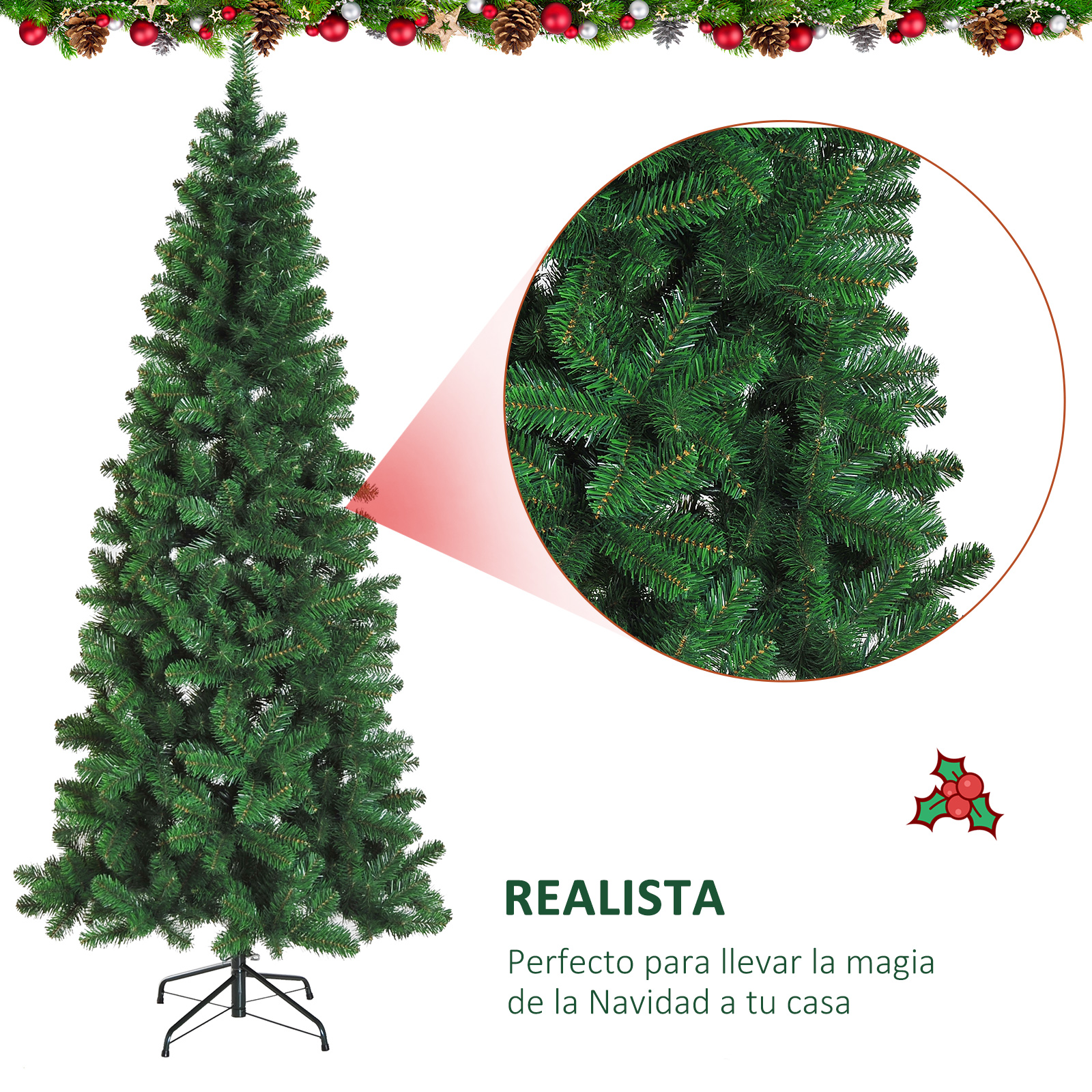 Un árbol de Navidad verde con un primer plano de las ramas. El texto dice 'REALISTA' e información debajo.