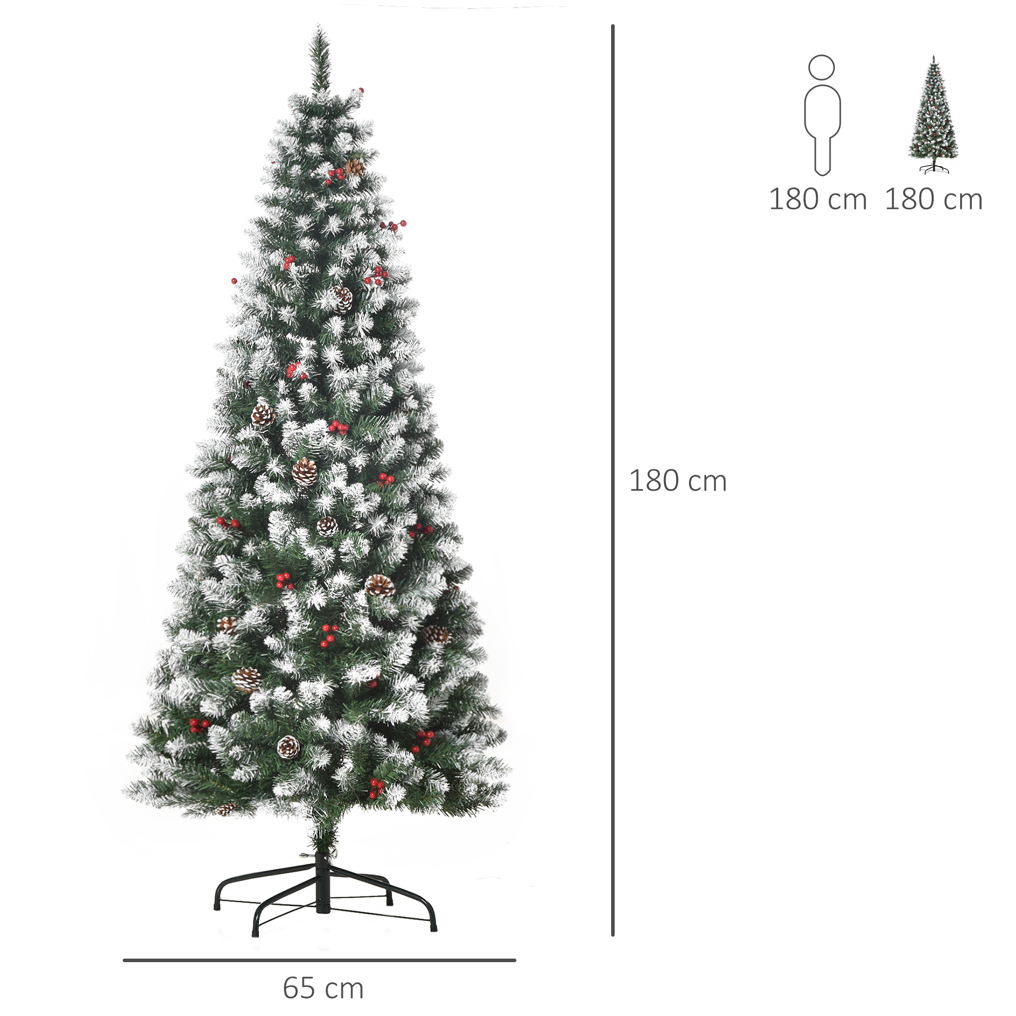 Árbol de Navidad nevado con nieve, bayas rojas, piñas y base negra.