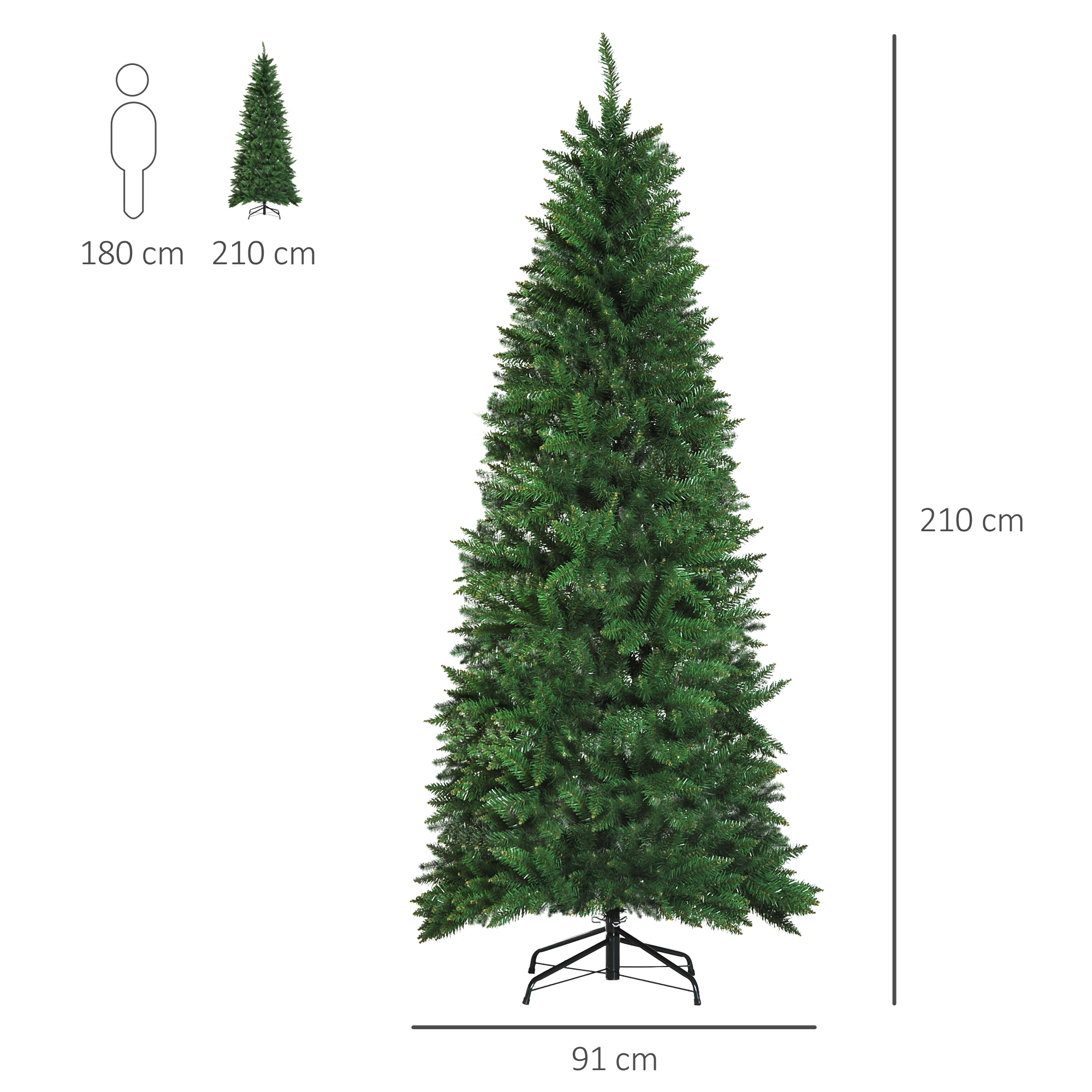 Un árbol de Navidad verde alto con dimensiones etiquetadas: 210 cm de alto, 91 cm de ancho.