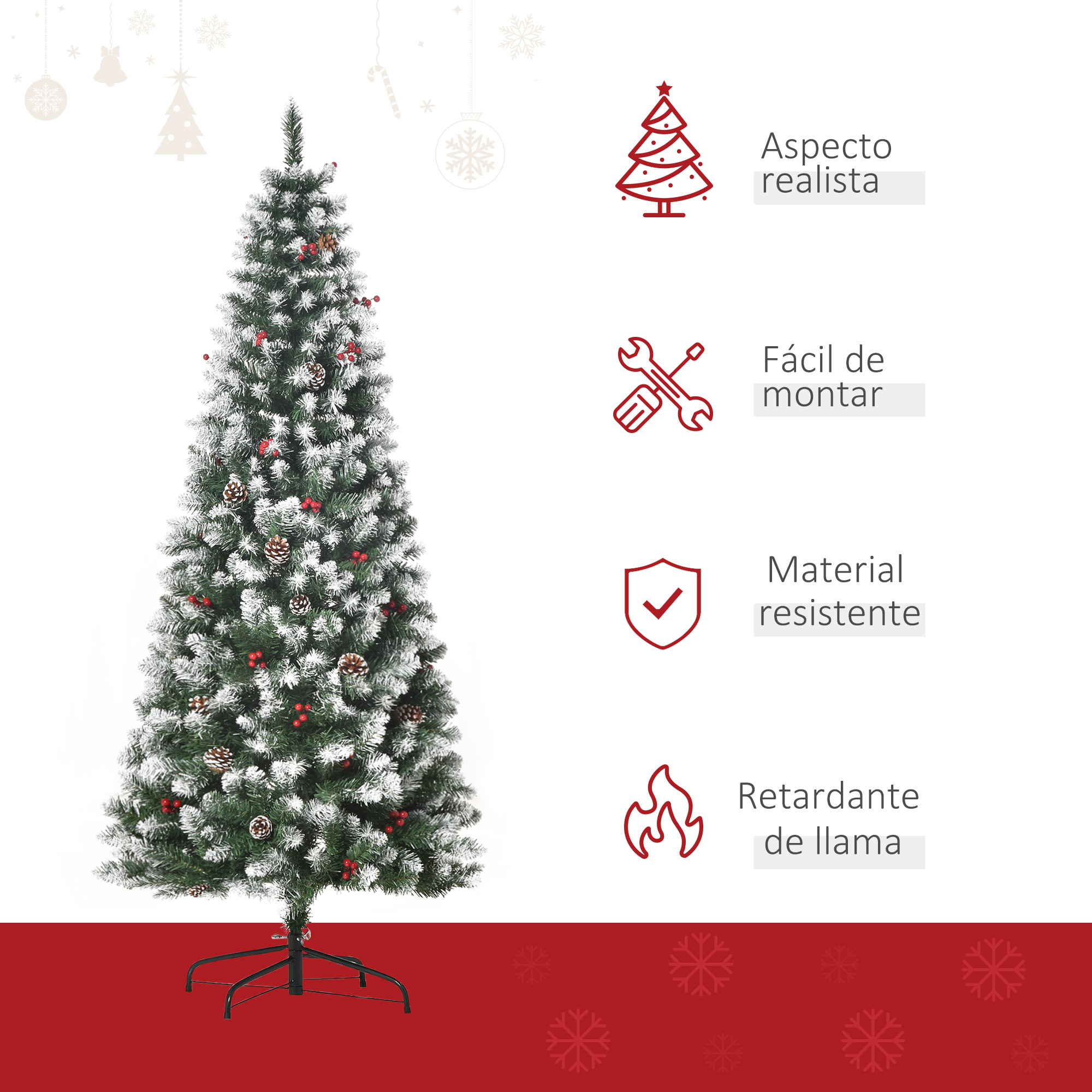 Un árbol de Navidad con efecto nieve, bayas rojas y piñas. El árbol está sobre un soporte negro.