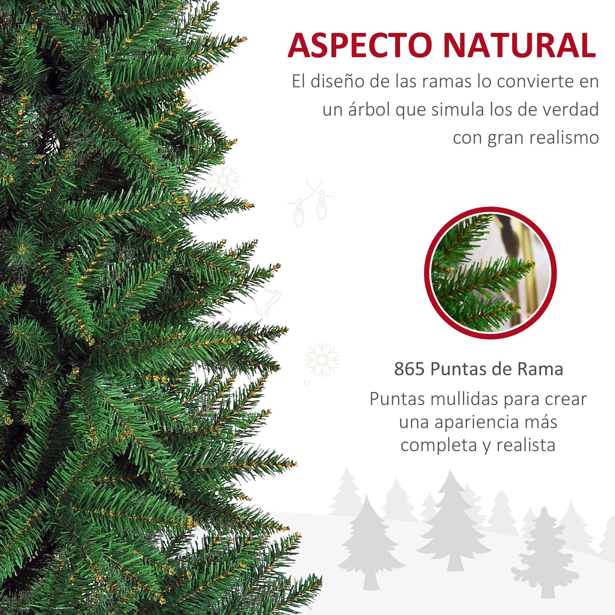 Primer plano de un árbol de Navidad verde con muchas agujas. Un círculo muestra un primer plano de las agujas.