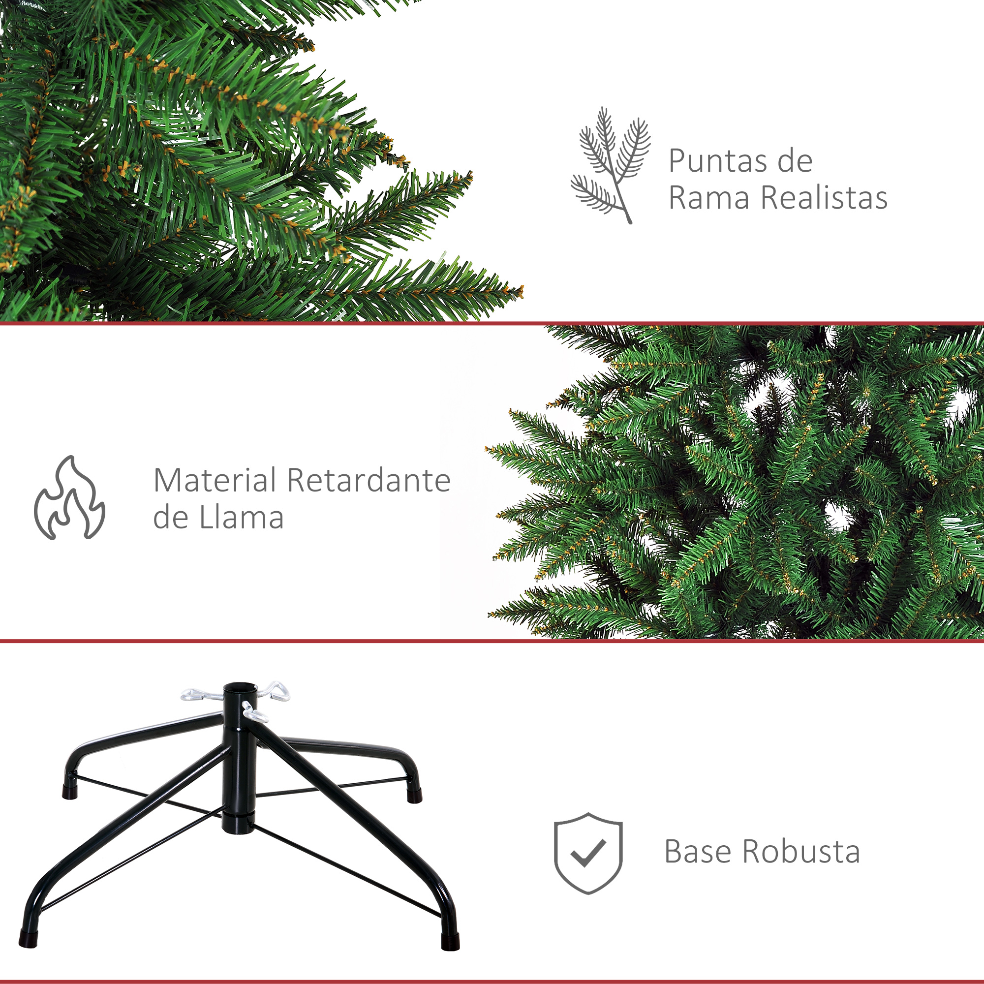 Materiales del árbol de Navidad, ignífugo y base robusta con ramas realistas.