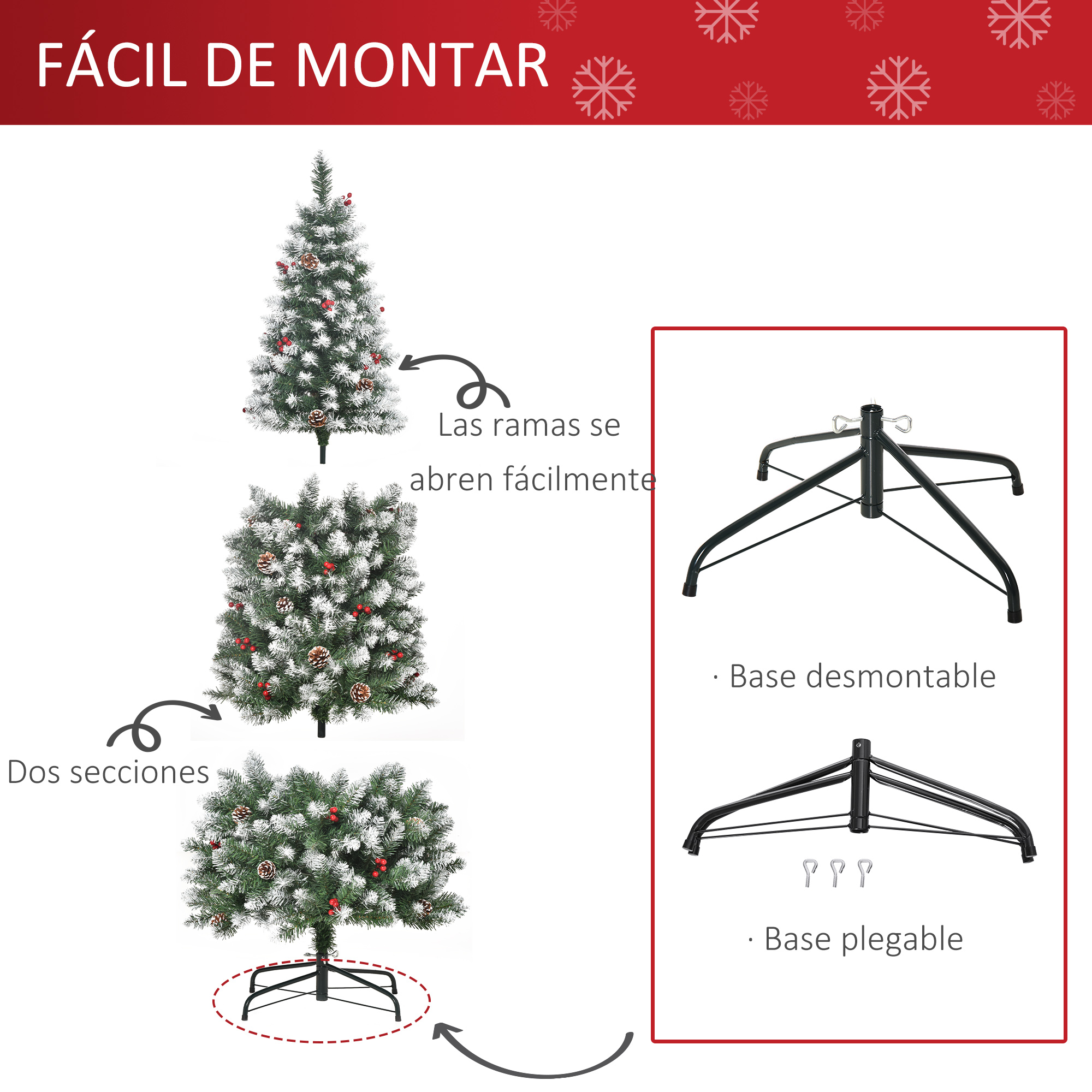 Árbol de Navidad artificial con instrucciones. Base desmontable y plegable. Se muestran dos secciones.