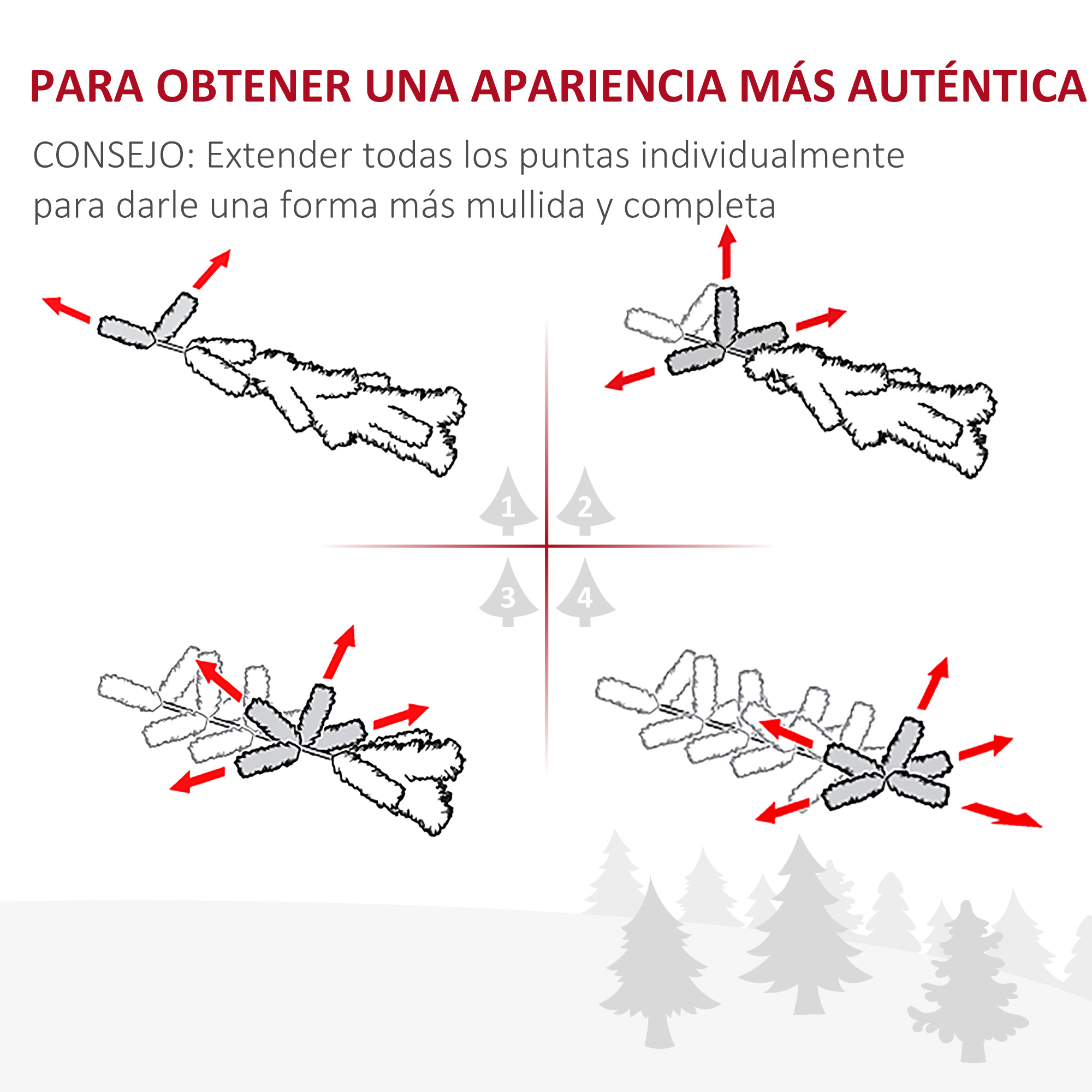 Diagrama que muestra cómo organizar las puntas de un árbol de Navidad artificial para una apariencia más completa.