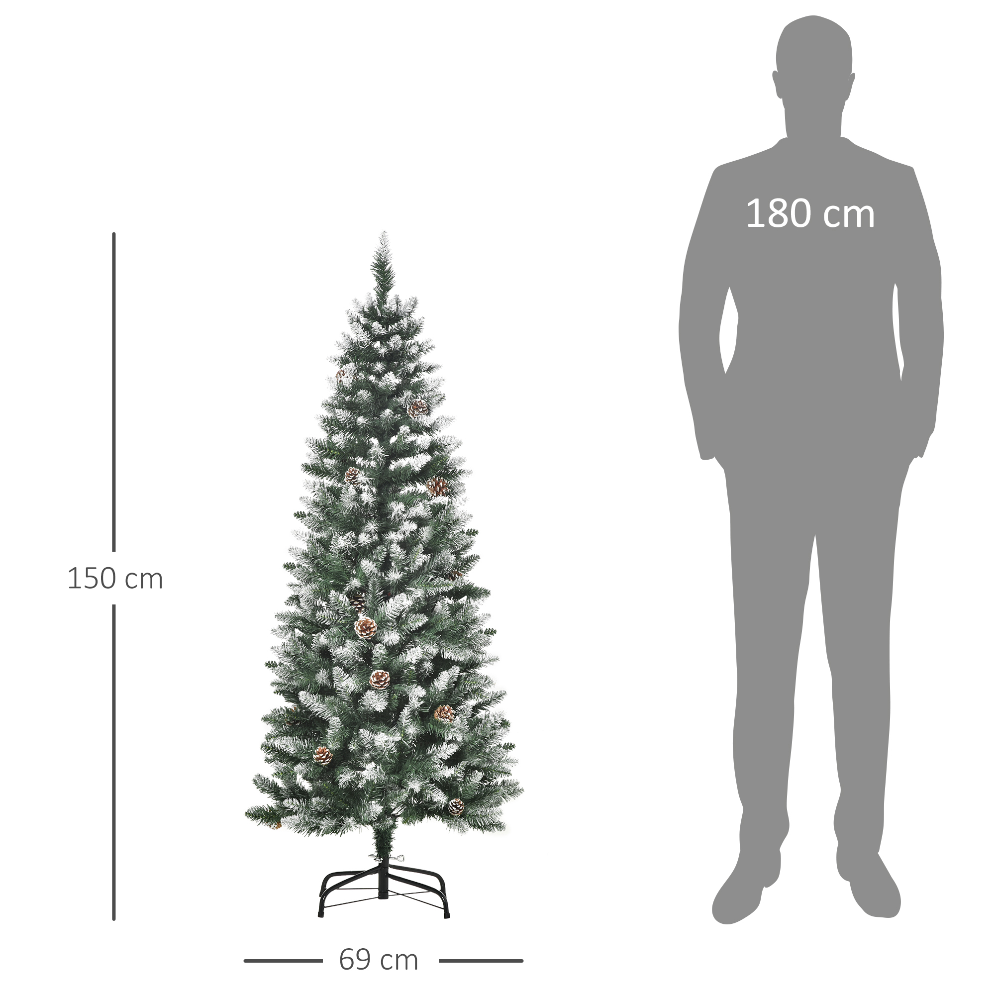 Árbol de Navidad con dimensiones y una silueta de persona. Fondo blanco.
