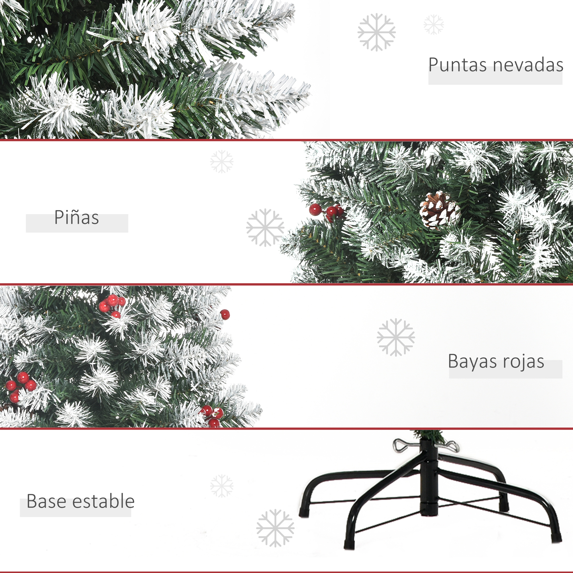 Primeros planos de un árbol de Navidad con puntas nevadas, piñas, bayas rojas y una base estable.