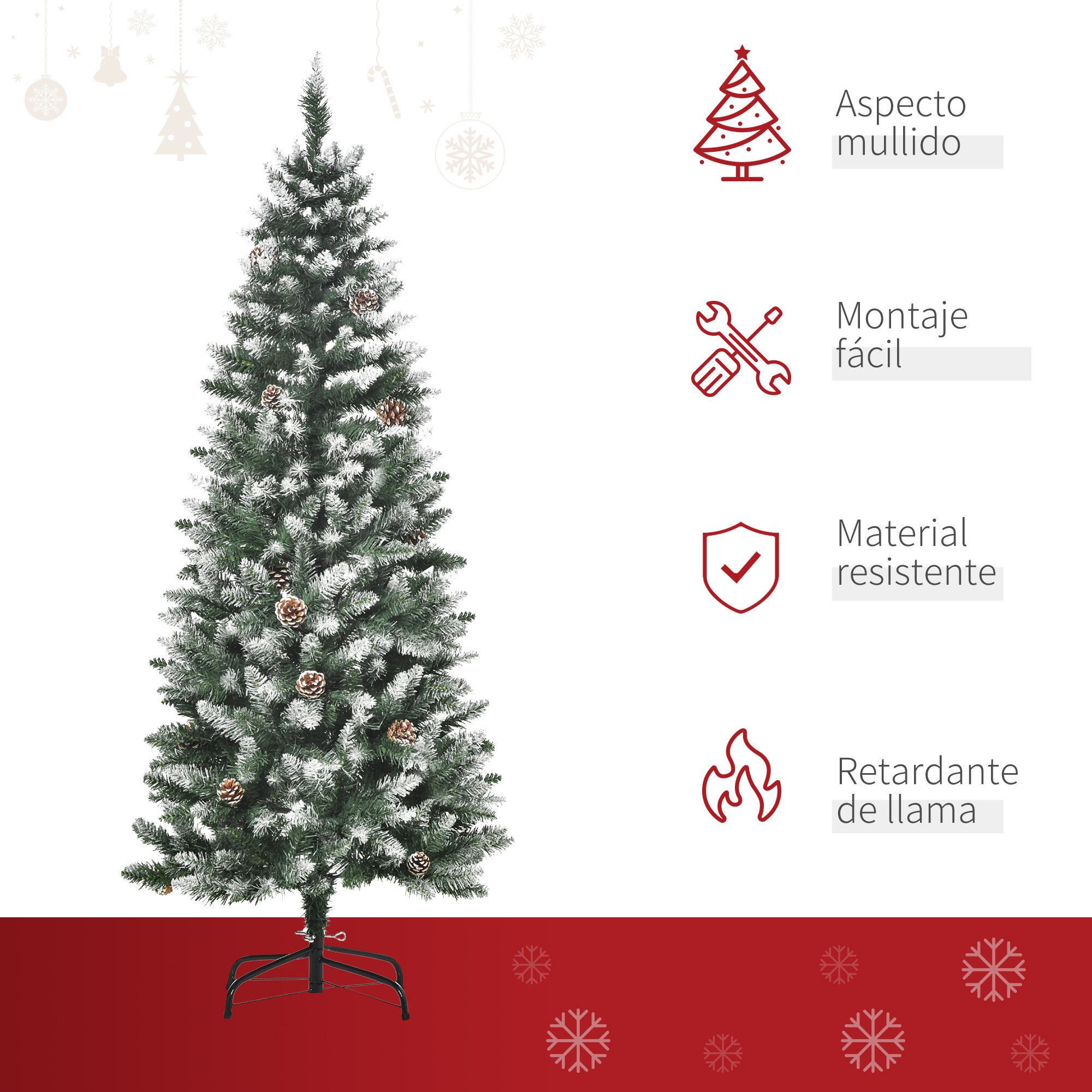 Árbol de Navidad escarchado con piñas, sobre soporte negro, con iconos.