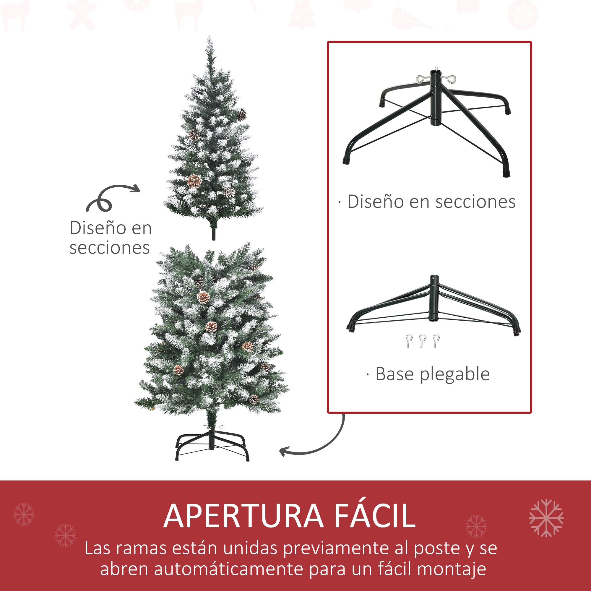 Una imagen con un diseño de árbol de Navidad con instrucciones de montaje. Se destaca el diseño de fácil apertura.