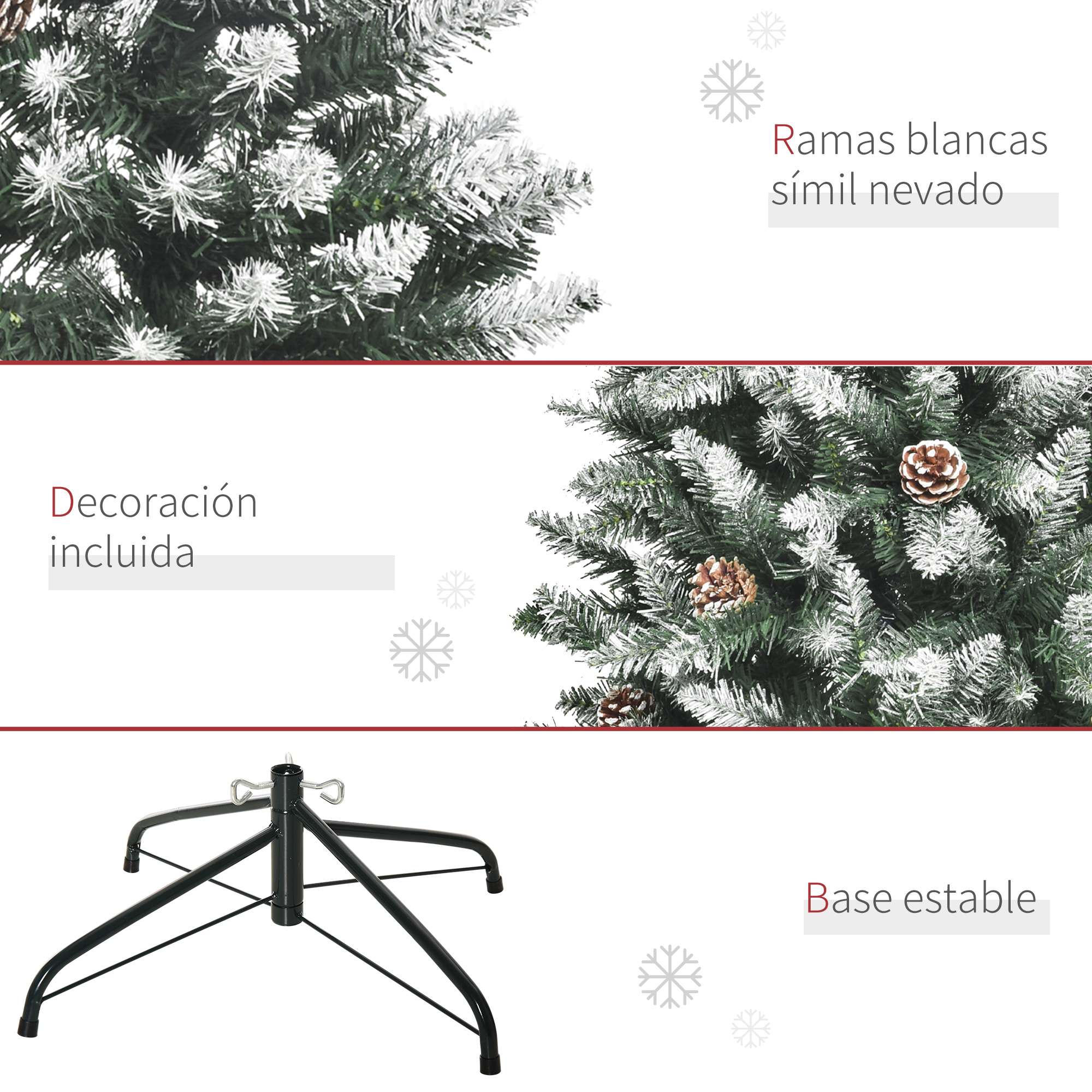 Detalles del árbol de Navidad: ramas blancas similares a la nieve, decoración incluida y base estable.
