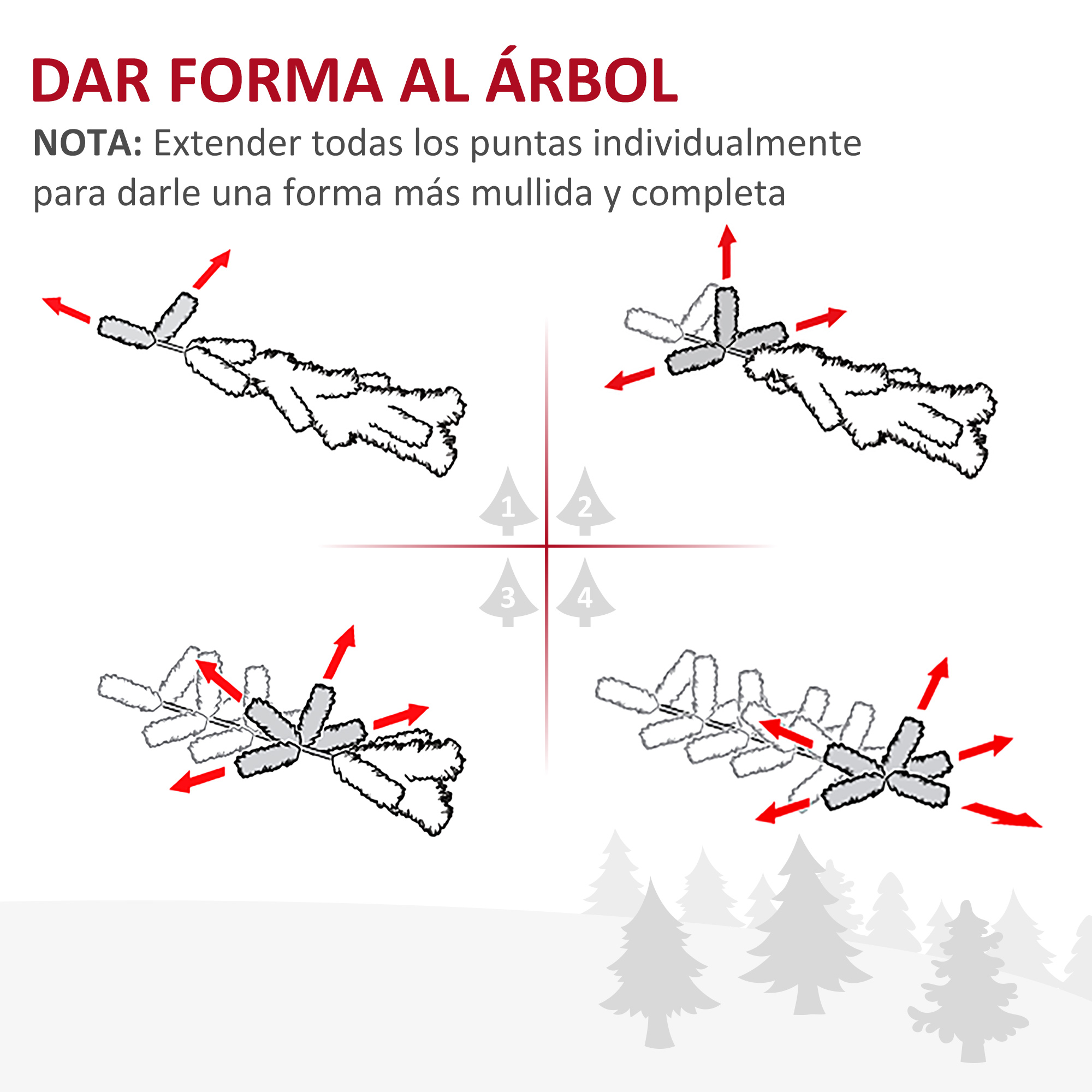 Instrucciones para dar forma al árbol, con diagramas que muestran los ajustes de las ramas.