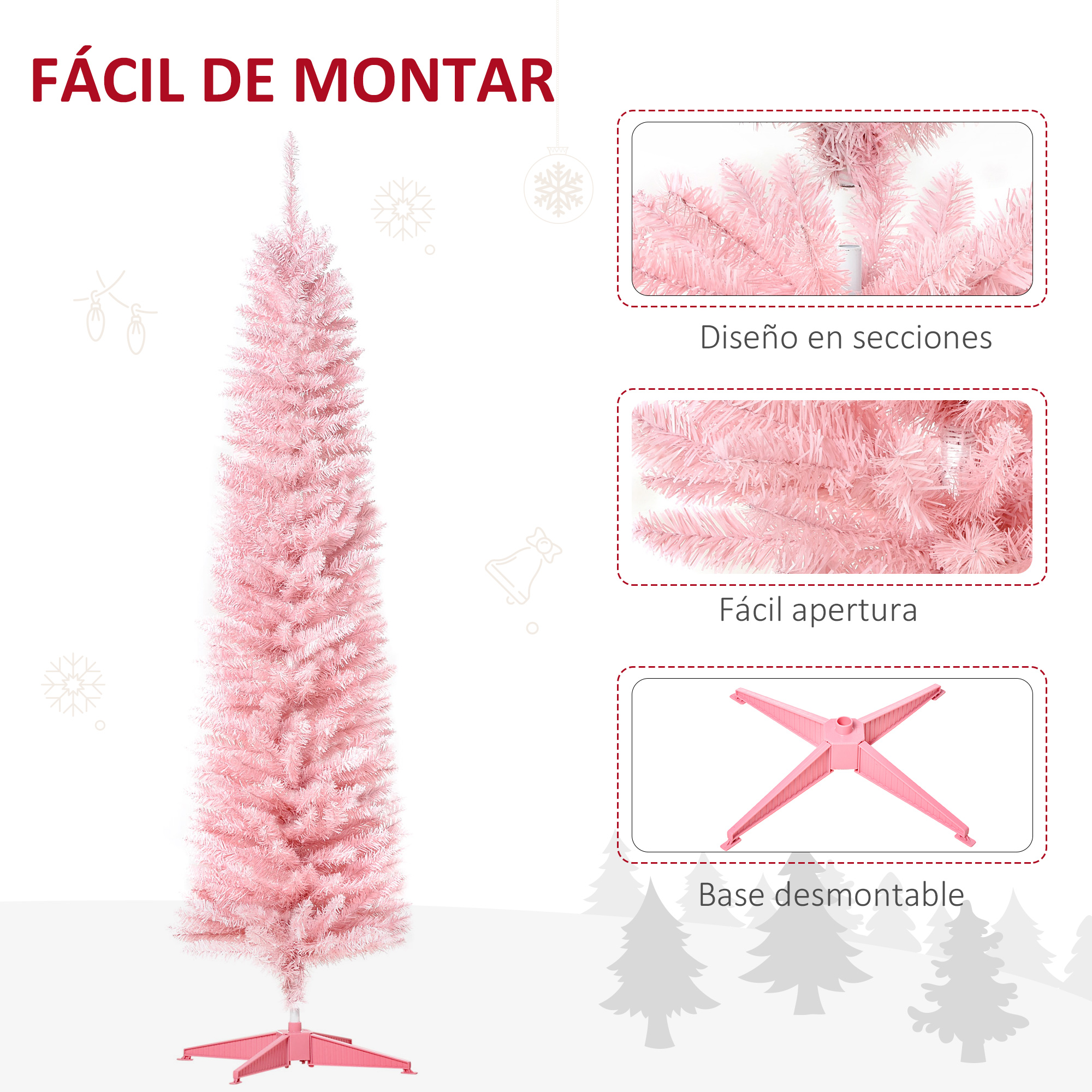 Un árbol de Navidad rosa con una base rosa, con piezas para el montaje.