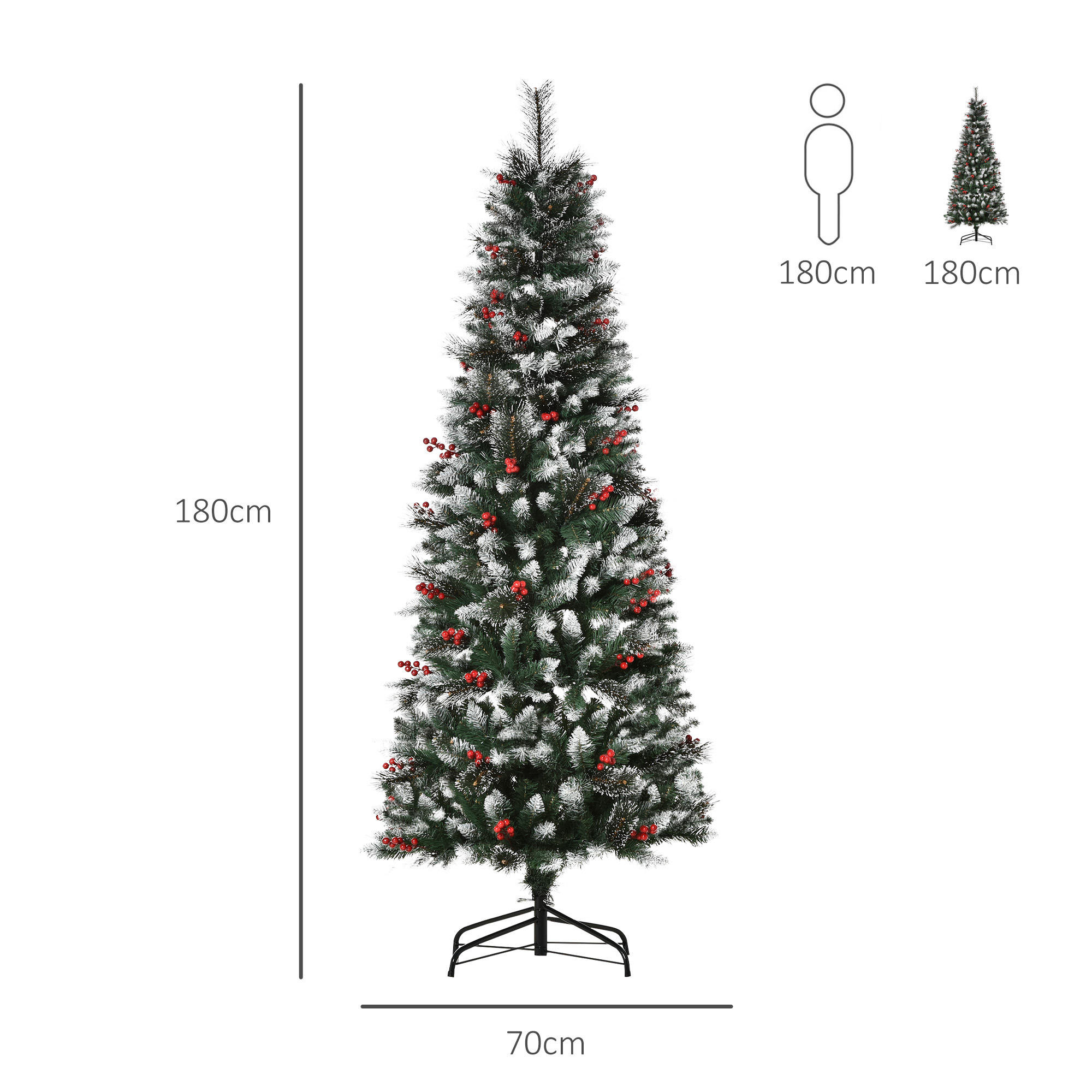 Árbol de Navidad alto y cubierto de nieve con bayas rojas, junto a una silueta humana.