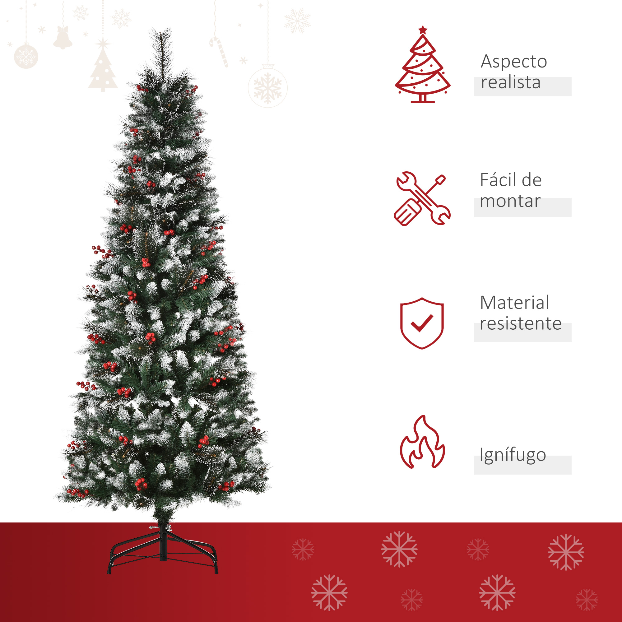 Un árbol de Navidad decorado con bayas rojas y escarcha blanca. Iconos rojos con texto muestran características.
