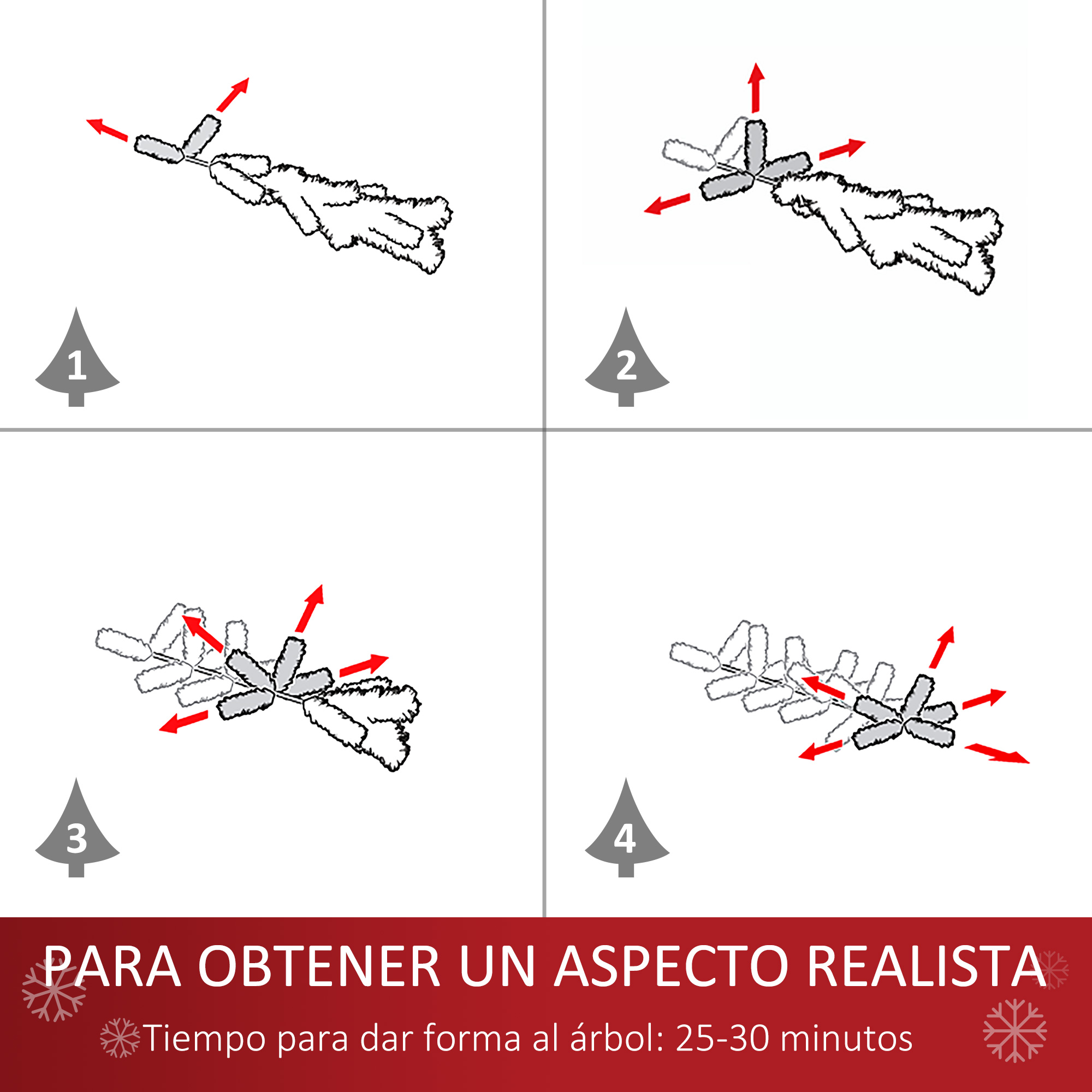 Diagrama mostrando cómo dar forma a las ramas del árbol para una apariencia realista. Texto: Tiempo para dar forma: 25-30 minutos.