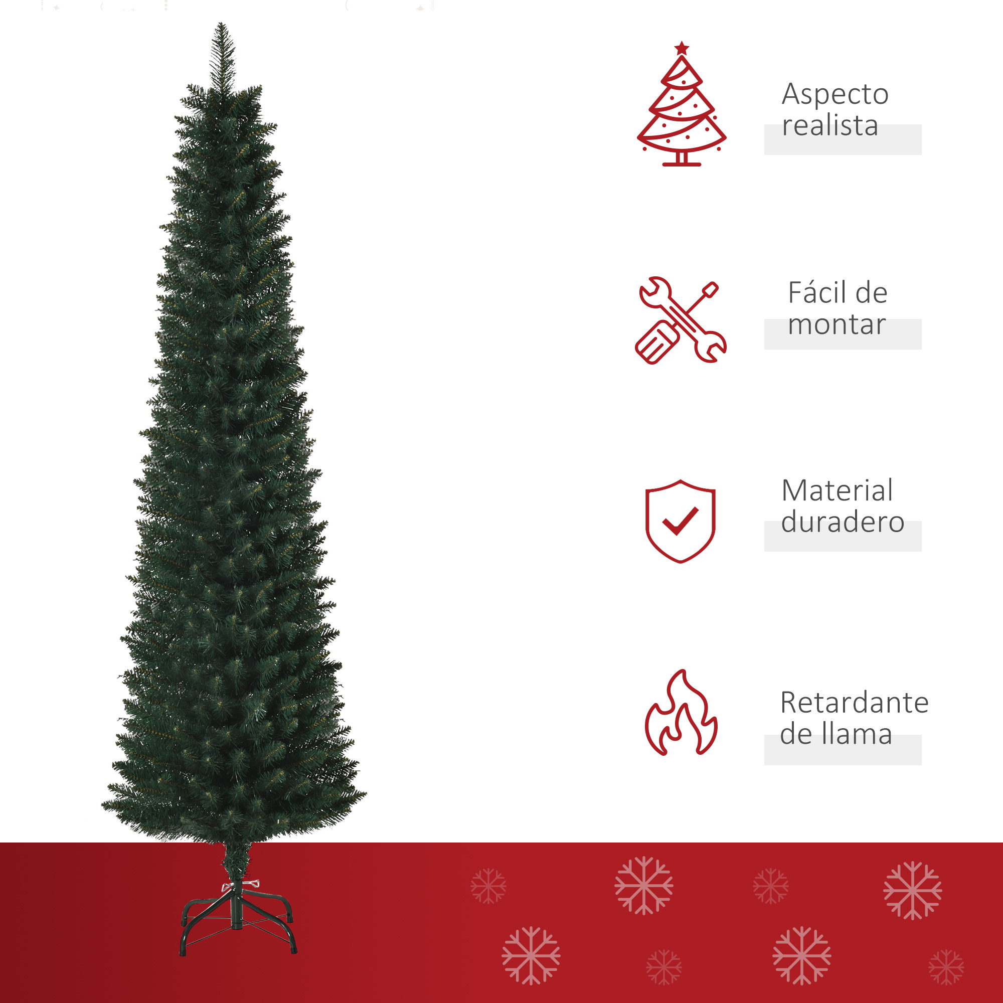 Un árbol de Navidad alto y verde oscuro con iconos que indican características.