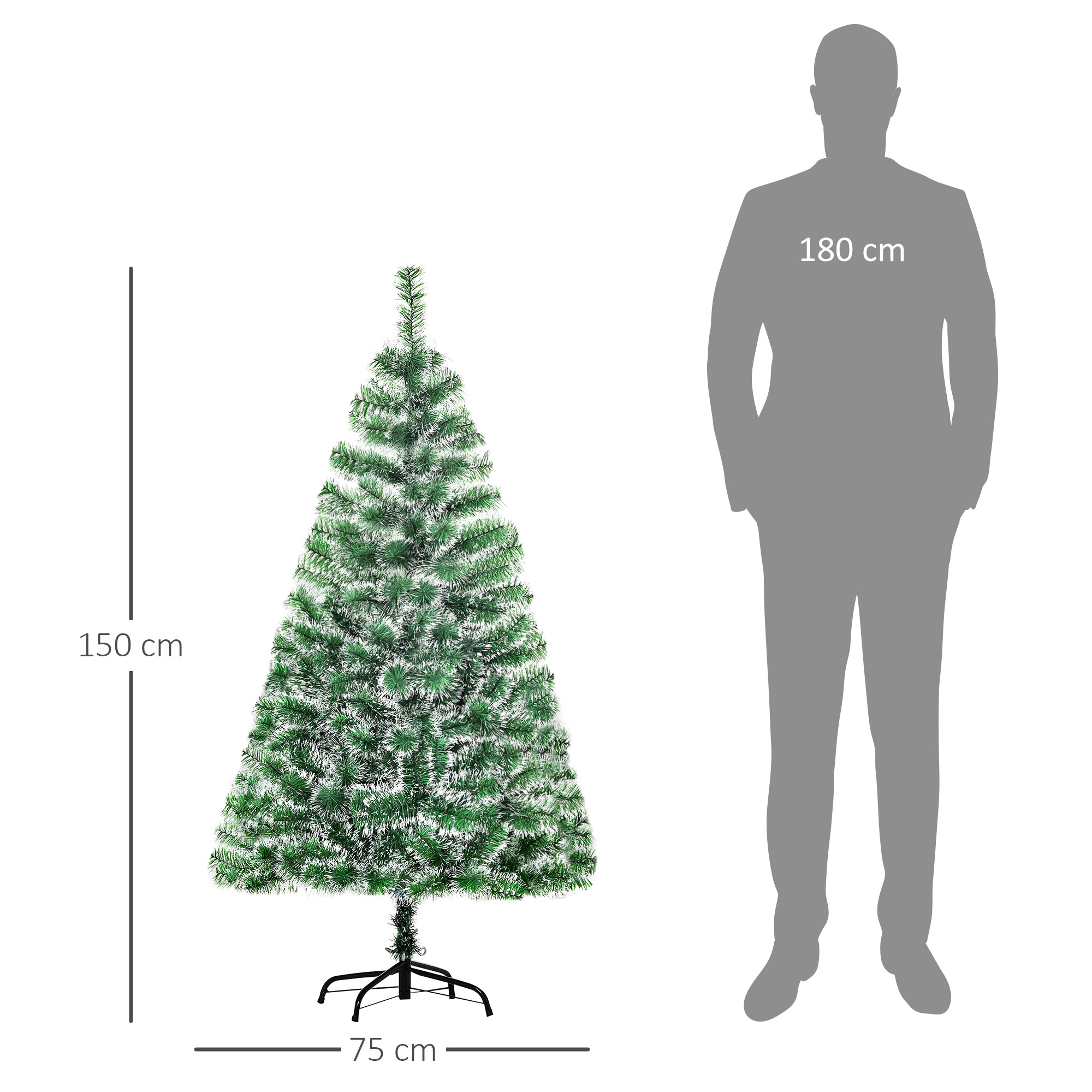 Árbol de Navidad verde artificial, 150 cm alto, junto a silueta humana de 180 cm.