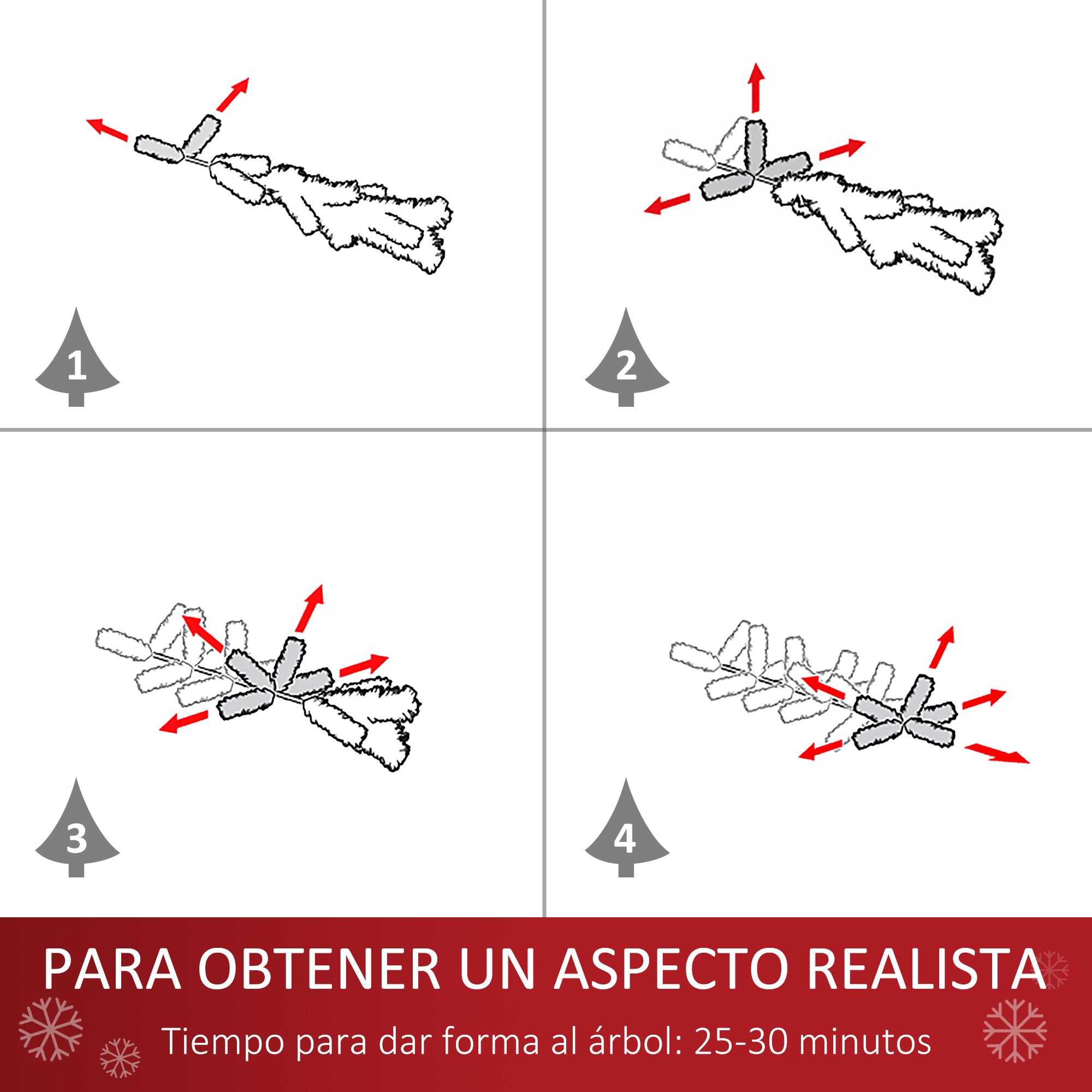 Diagrama que muestra cómo dar forma a un árbol de Navidad, con flechas que indican la dirección de las ramas.