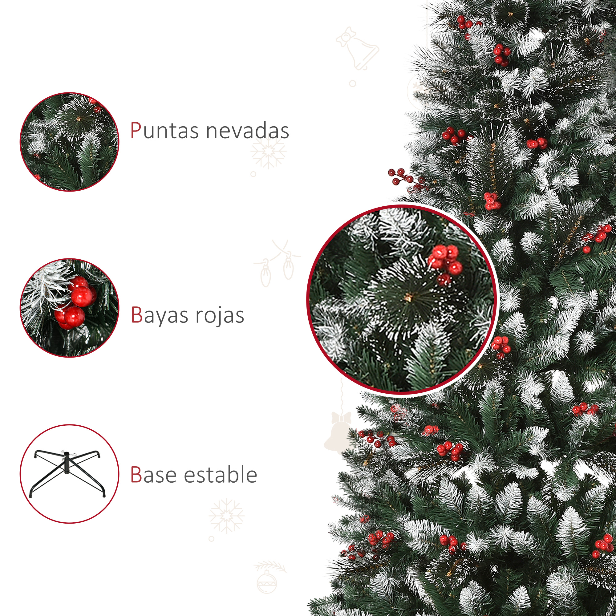Un árbol de Navidad con puntas nevadas, bayas rojas y base estable.