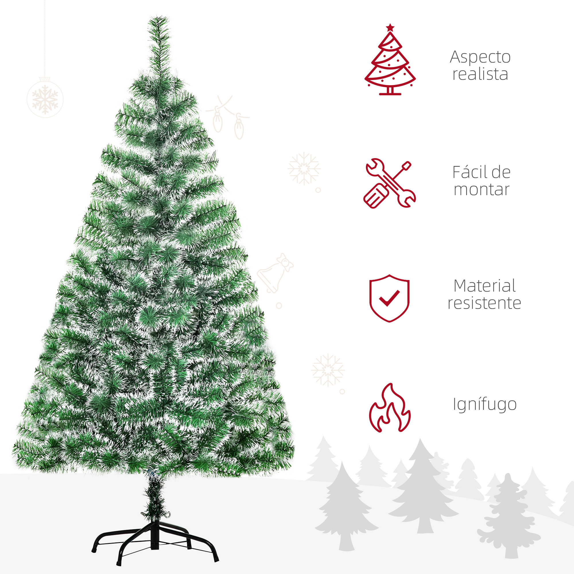 Árbol de Navidad verde con puntas blancas sobre un soporte. Iconos muestran: aspecto realista, fácil montaje, material resistente e ignífugo.