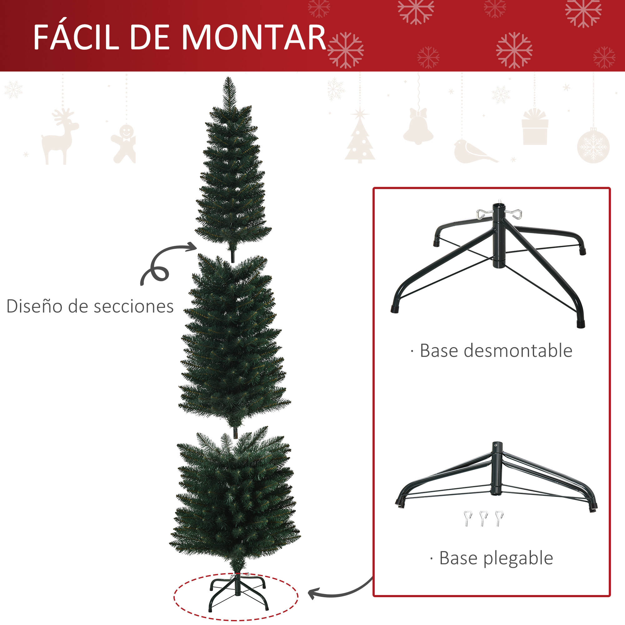 Un árbol de Navidad desmontado con opciones de base y el texto: FÁCIL DE MONTAR.