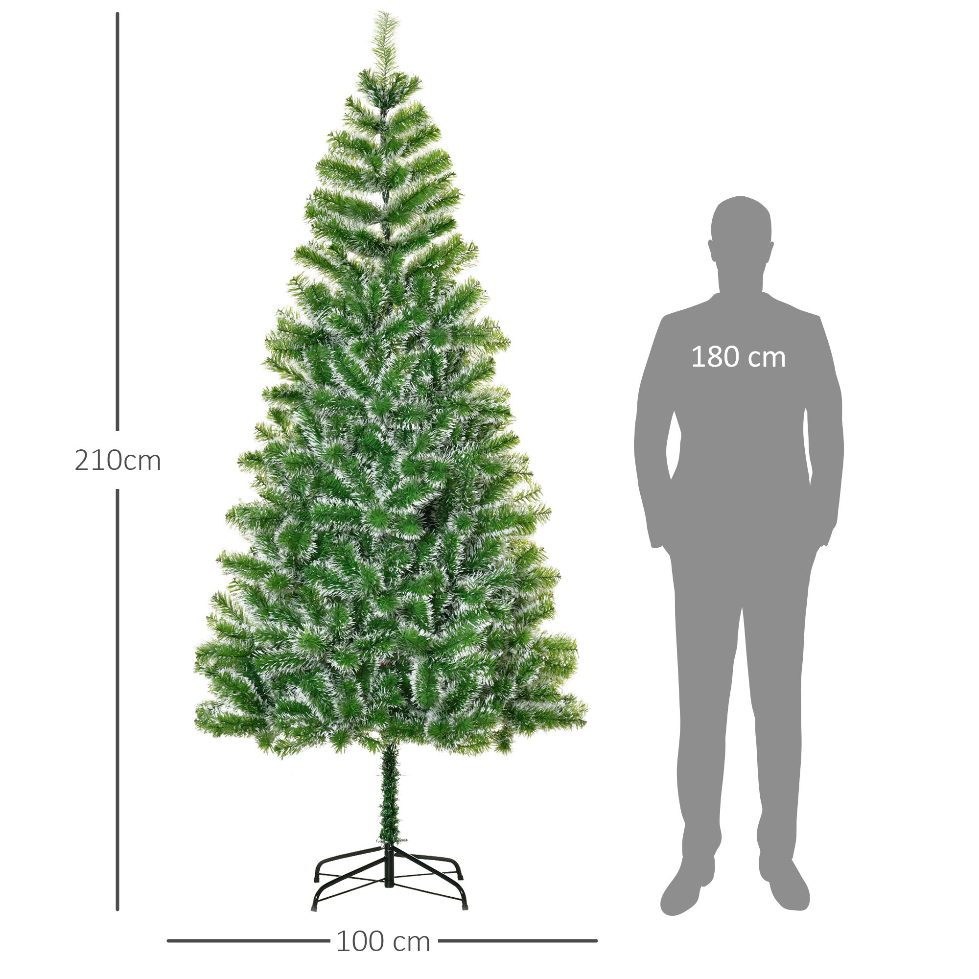 Un árbol de Navidad artificial alto y verde con puntas blancas esmeriladas. Dimensiones junto a una persona.