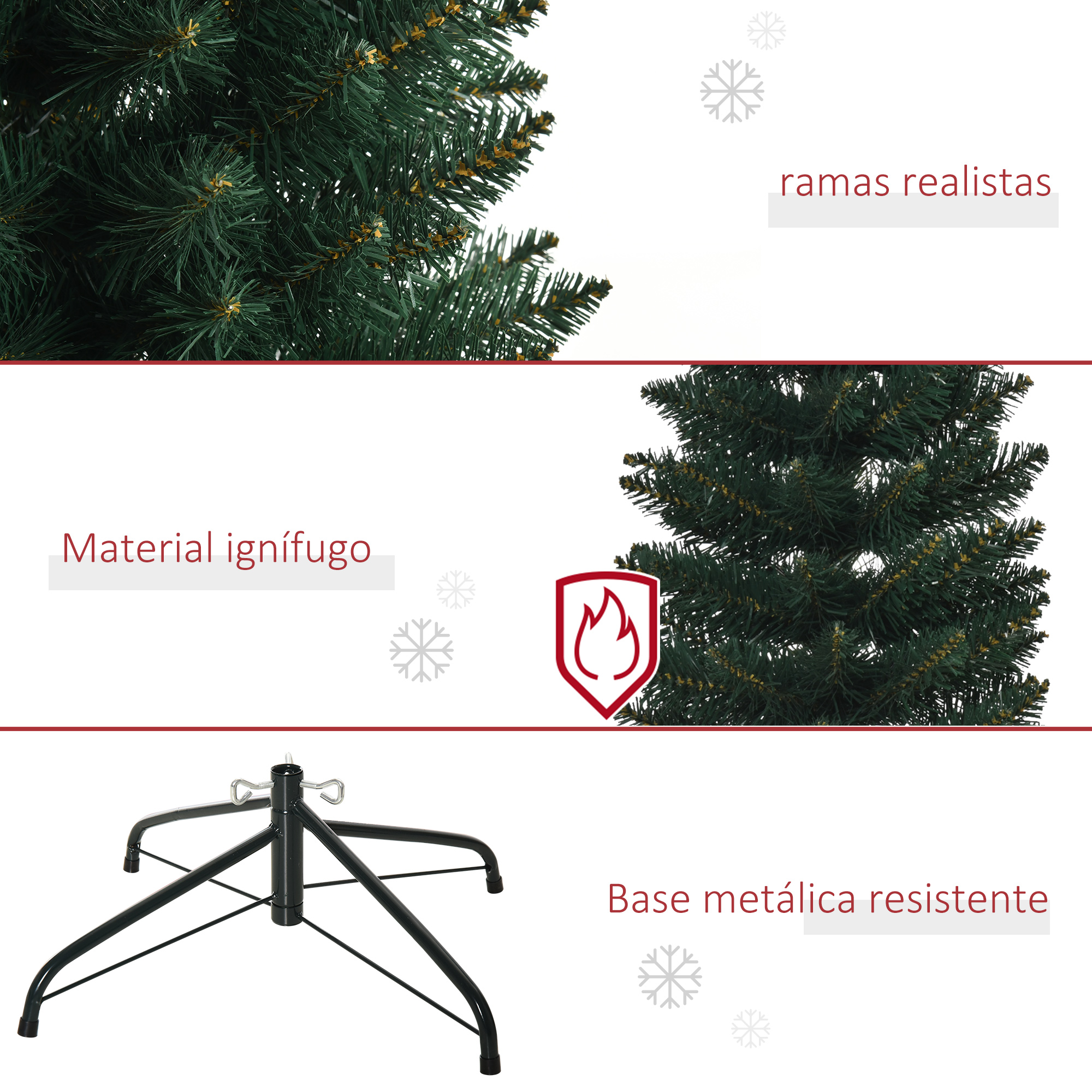 Primer plano de un árbol de Navidad verde con ramas realistas, material ignífugo y base metálica resistente.