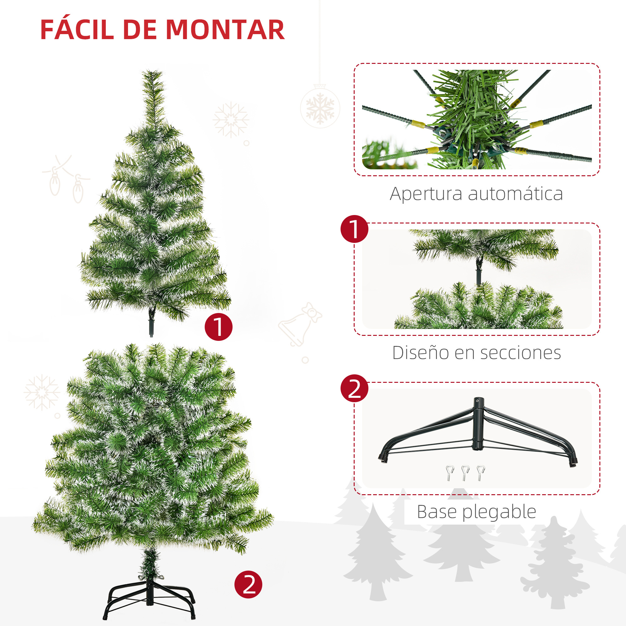 Un árbol de Navidad artificial con efecto nieve. Se muestran detalles del montaje del árbol.