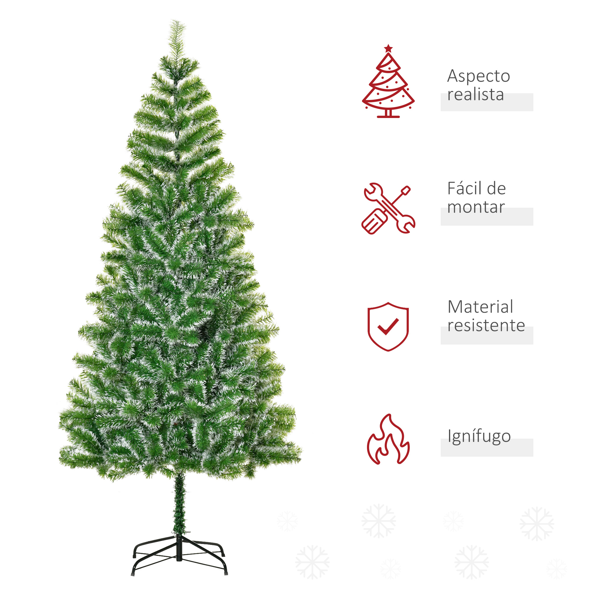 Árbol de Navidad verde con luces y un soporte. Iconos con texto. Fondo blanco.