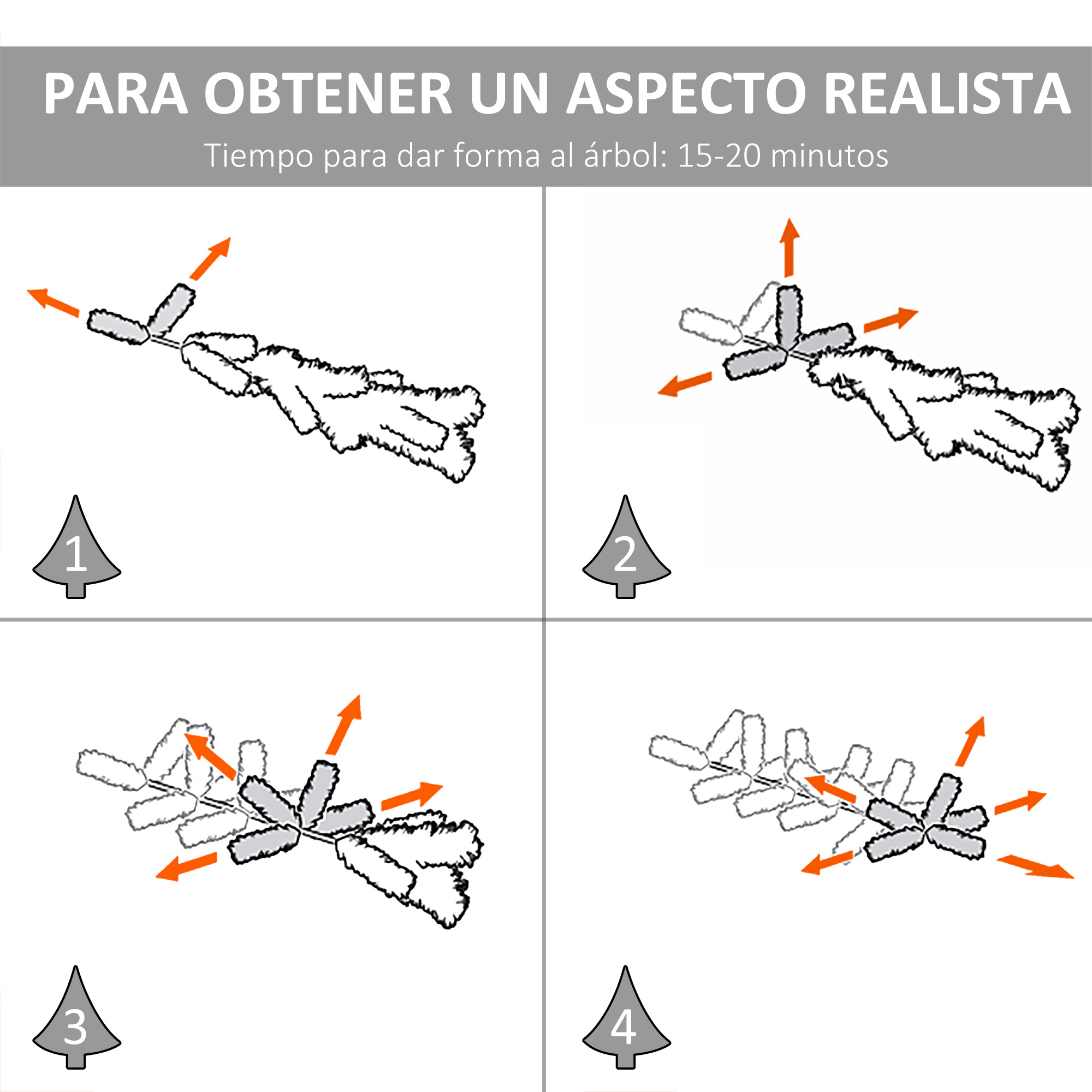 Diagrama que muestra cómo dar forma a un árbol de Navidad, con pasos numerados y flechas.