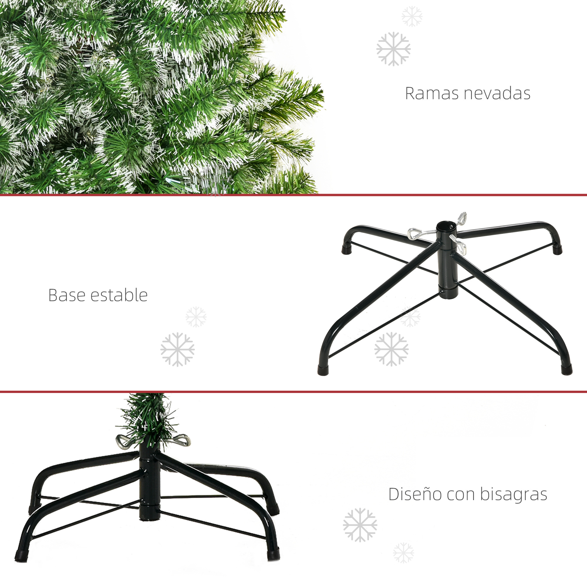 Primer plano de una rama de árbol de Navidad con nieve y una base. Detalles del árbol y la base.