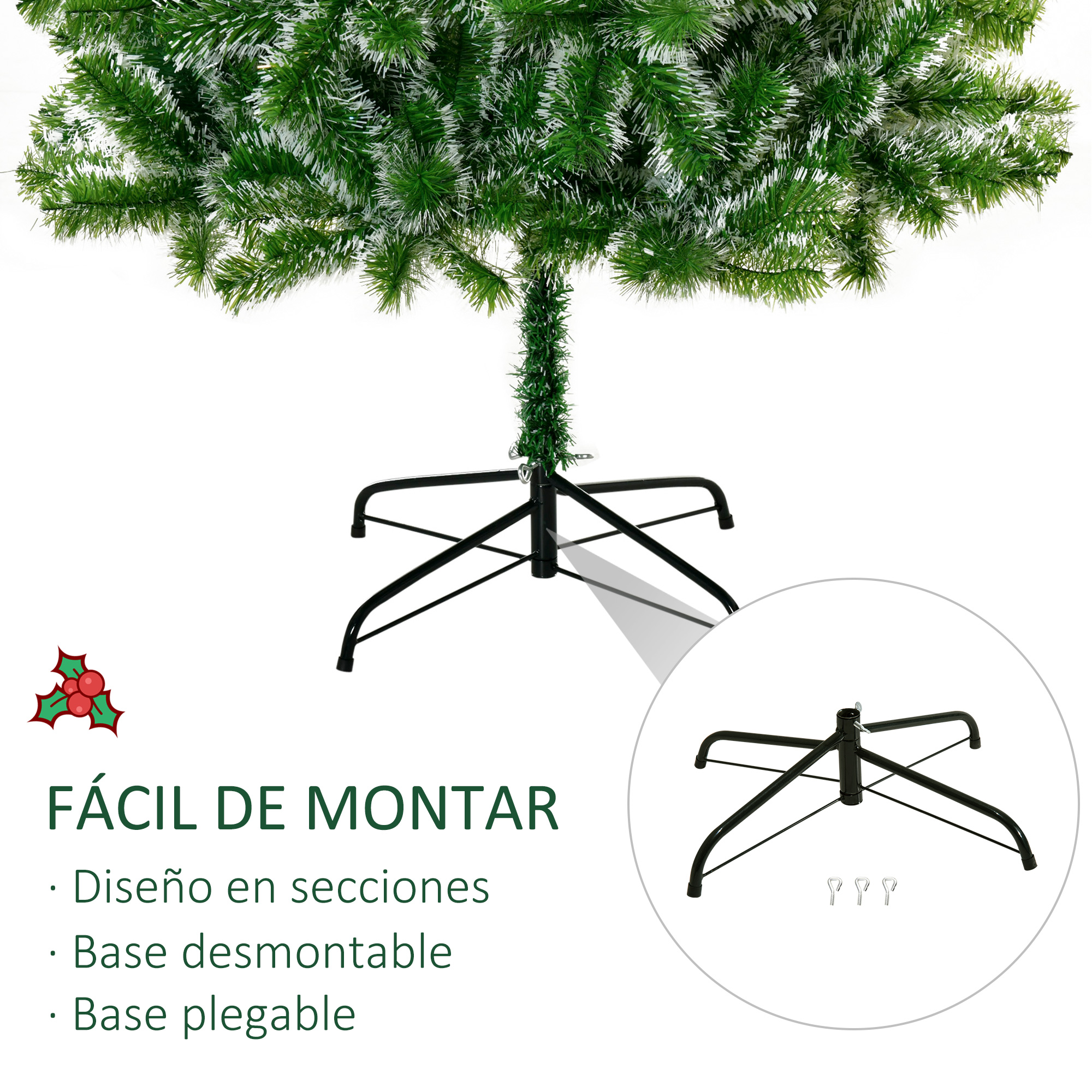 Base de árbol de Navidad con primer plano: fácil montaje, diseño seccional y base plegable.