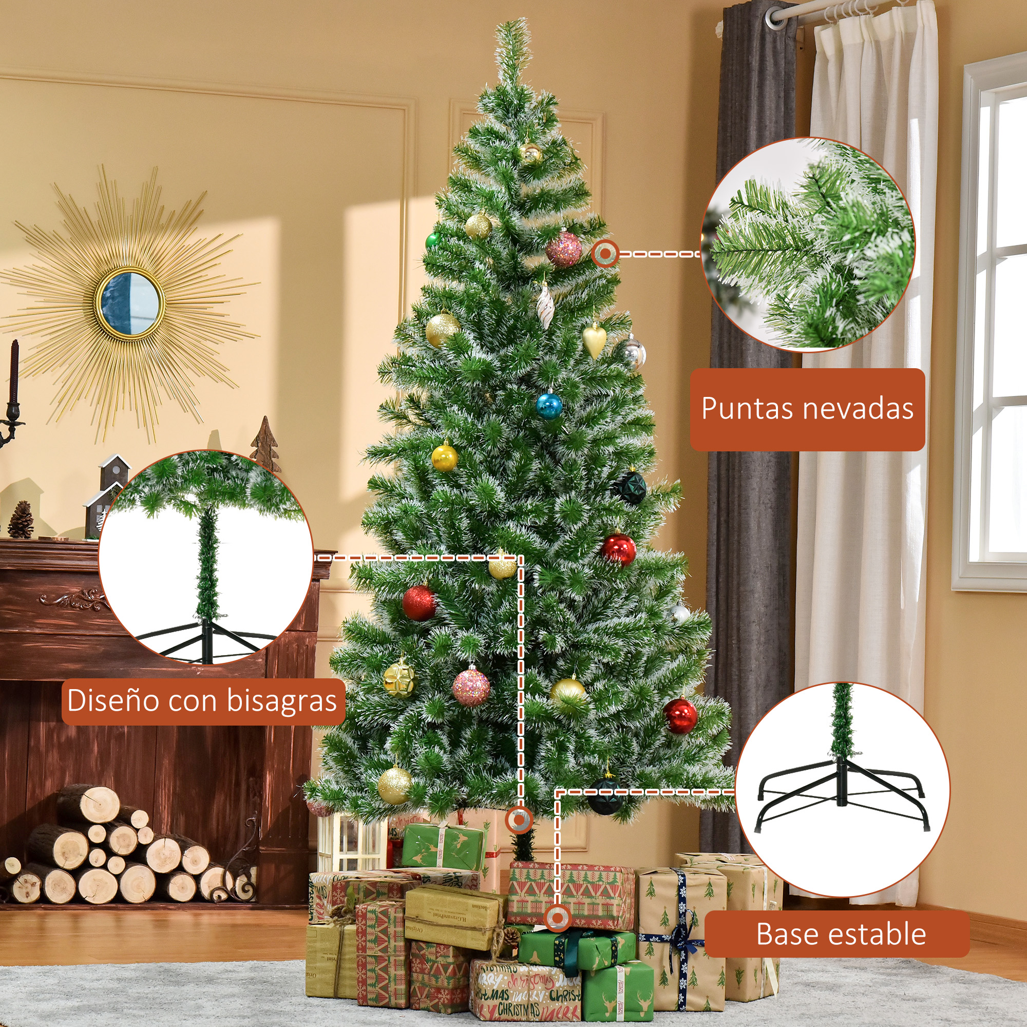 Árbol de Navidad decorado con regalos debajo, puntas nevadas y base estable.