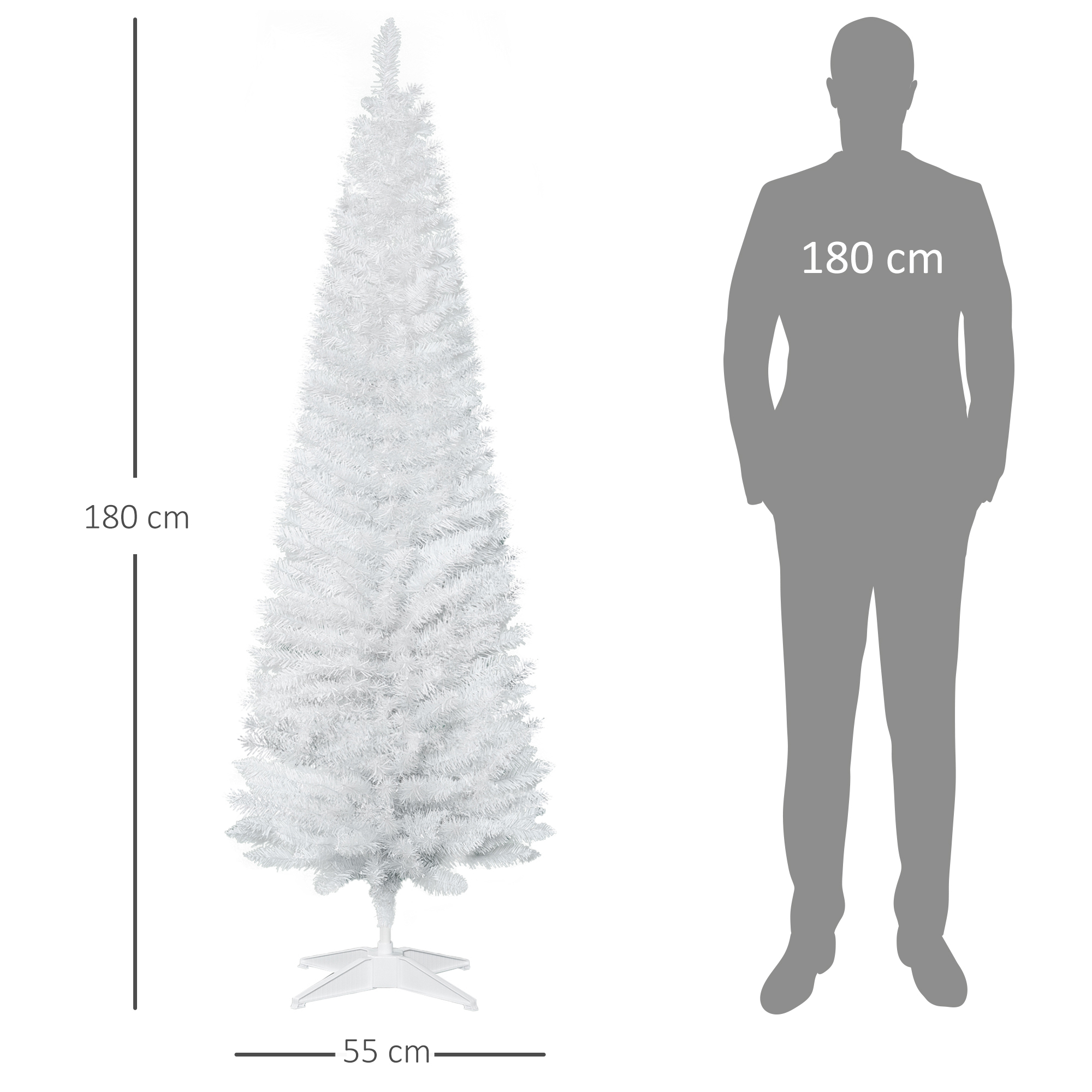 Árbol de Navidad blanco con dimensiones y persona de escala.