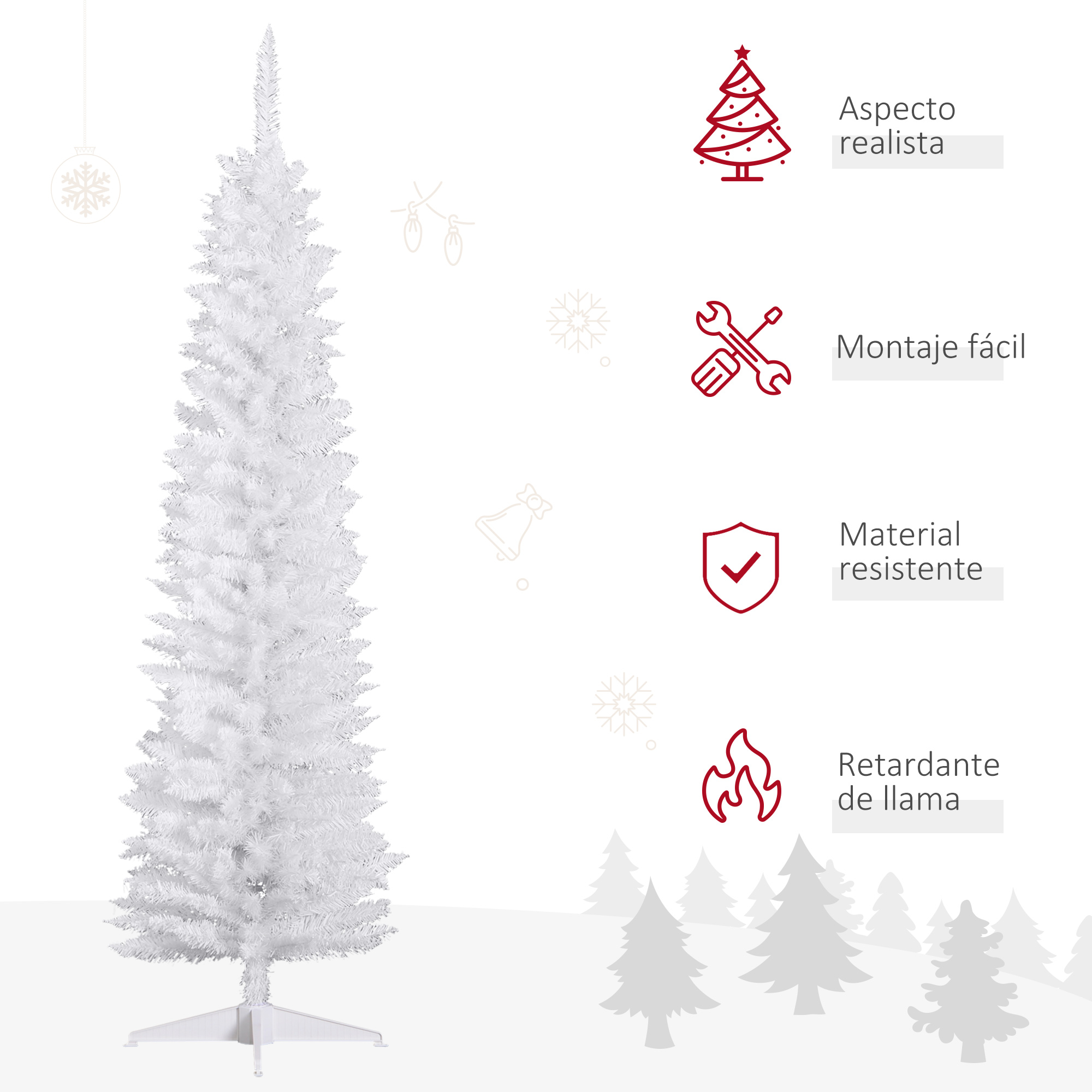 Árbol de Navidad blanco artificial. Iconos: aspecto realista, fácil montaje, material resistente.