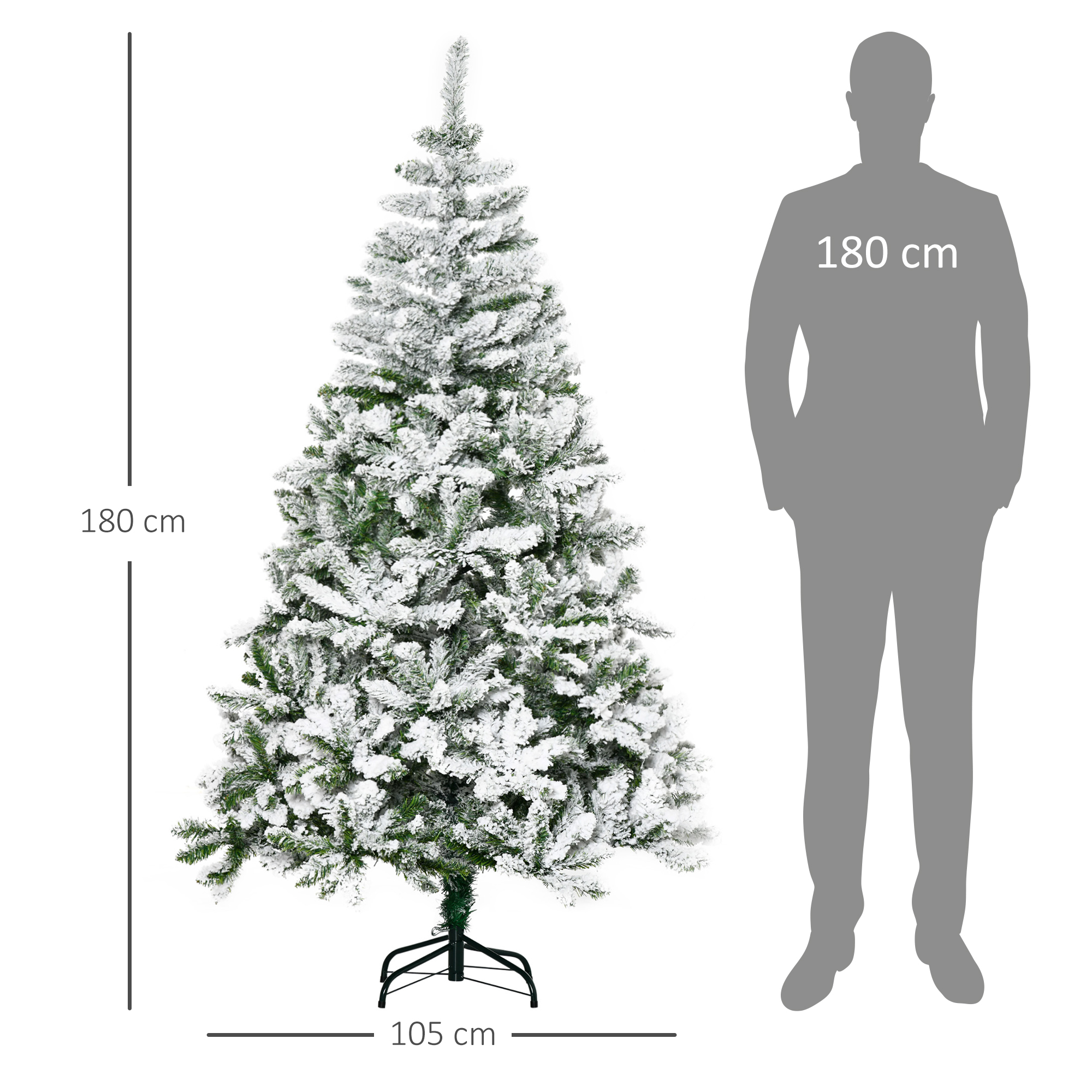 Un árbol de Navidad verde alto con nieve. Una silueta de figura está a su lado.