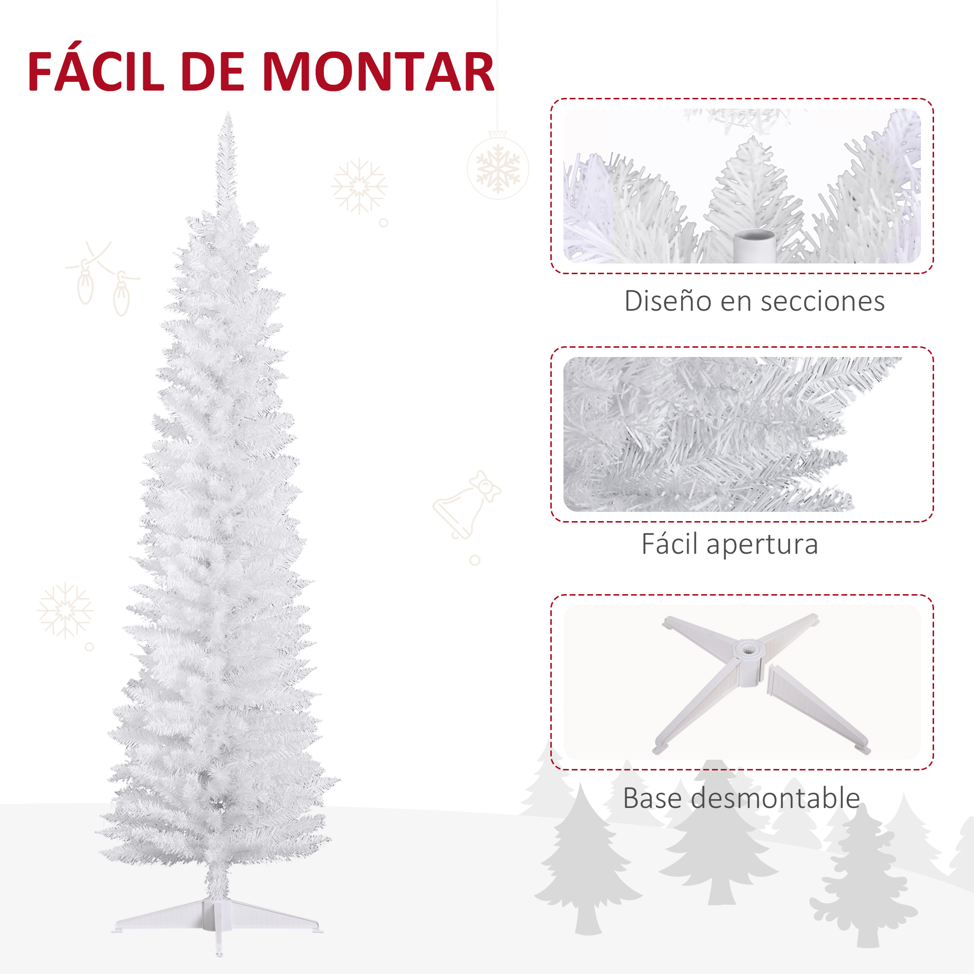 Árbol de Navidad blanco, fácil de montar, con base desmontable.