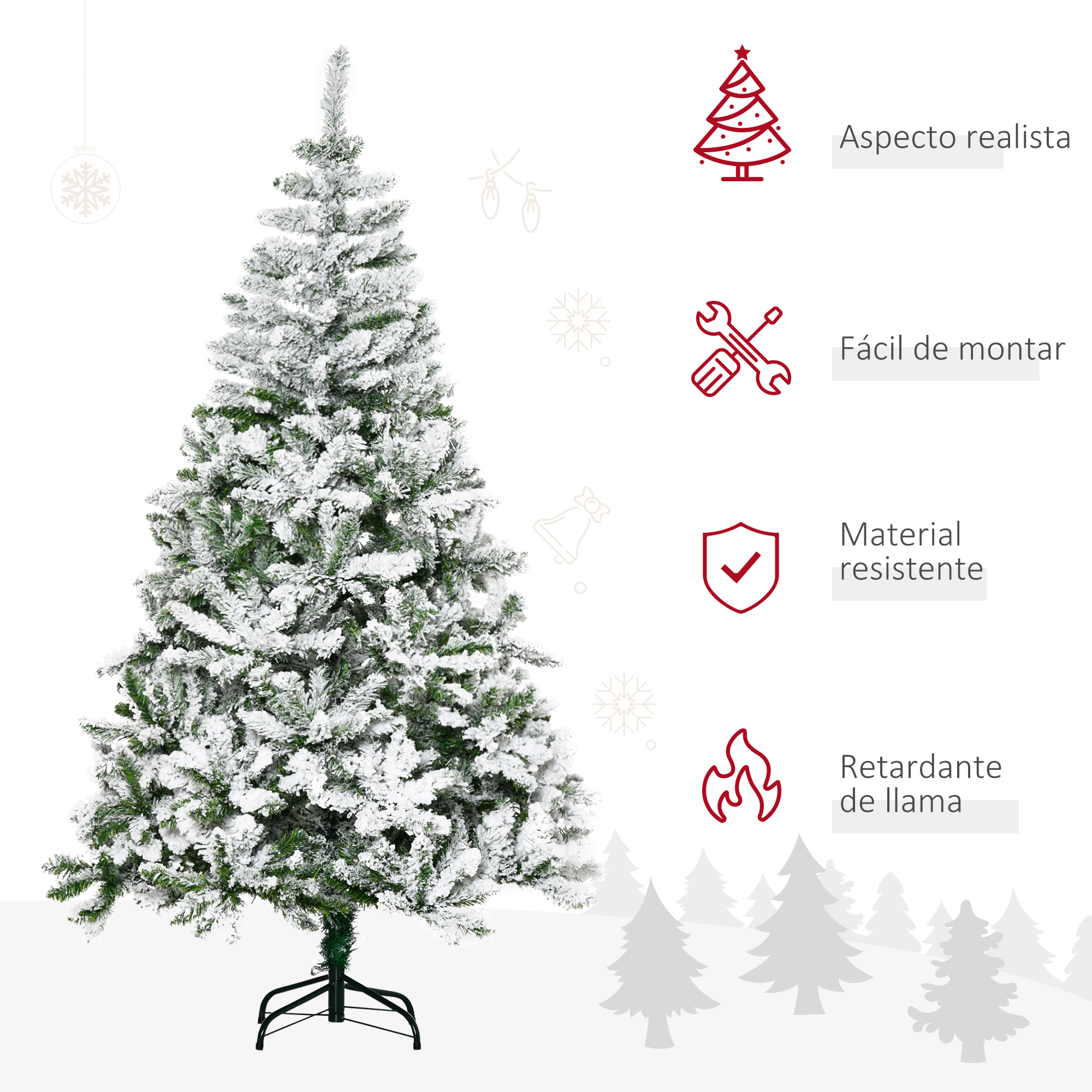 Un árbol de Navidad artificial cubierto de nieve. Iconos indican características como fácil montaje y retardante de llama.